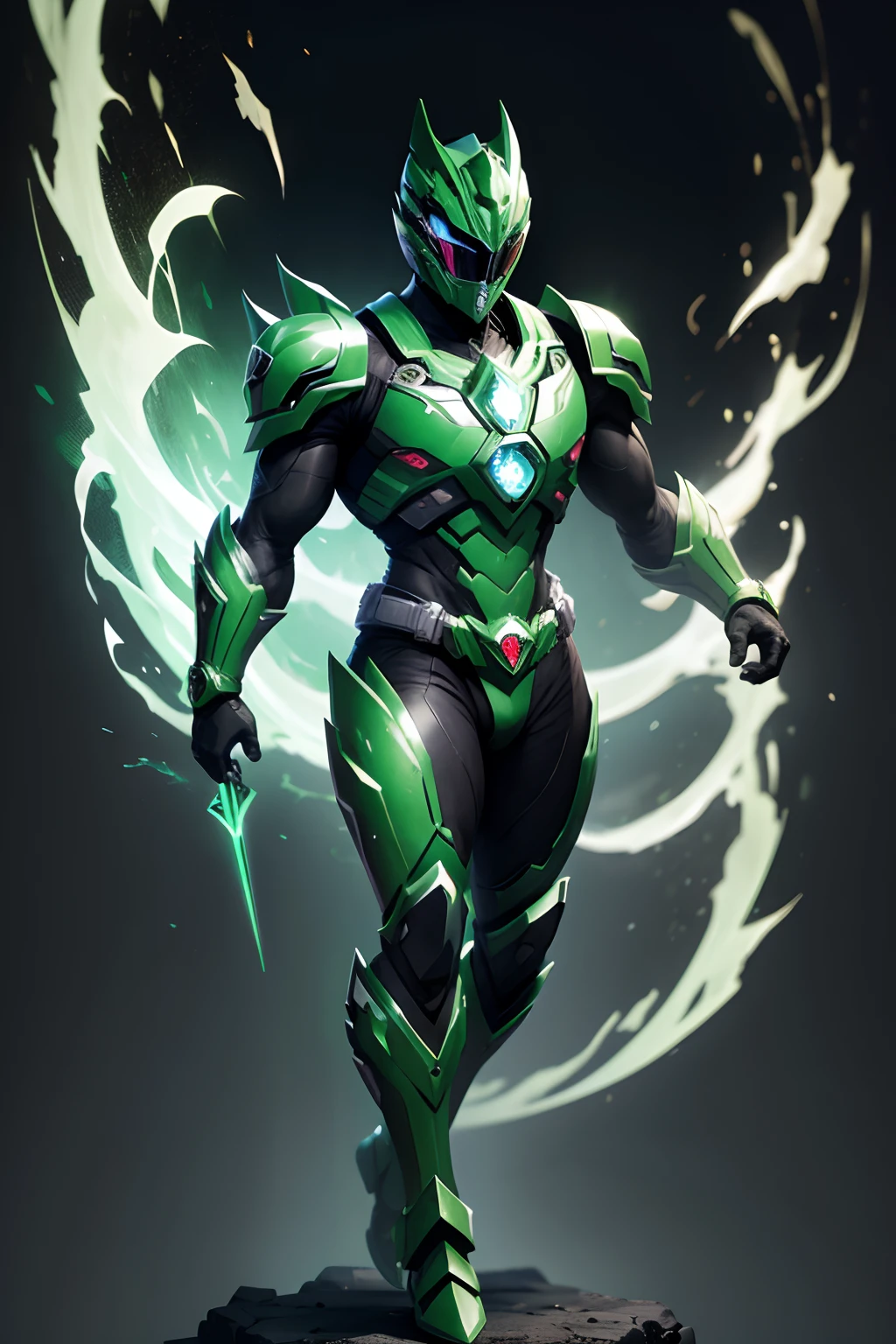 create a green power ranger , full body , mythic , black background ,a bit ancient theme