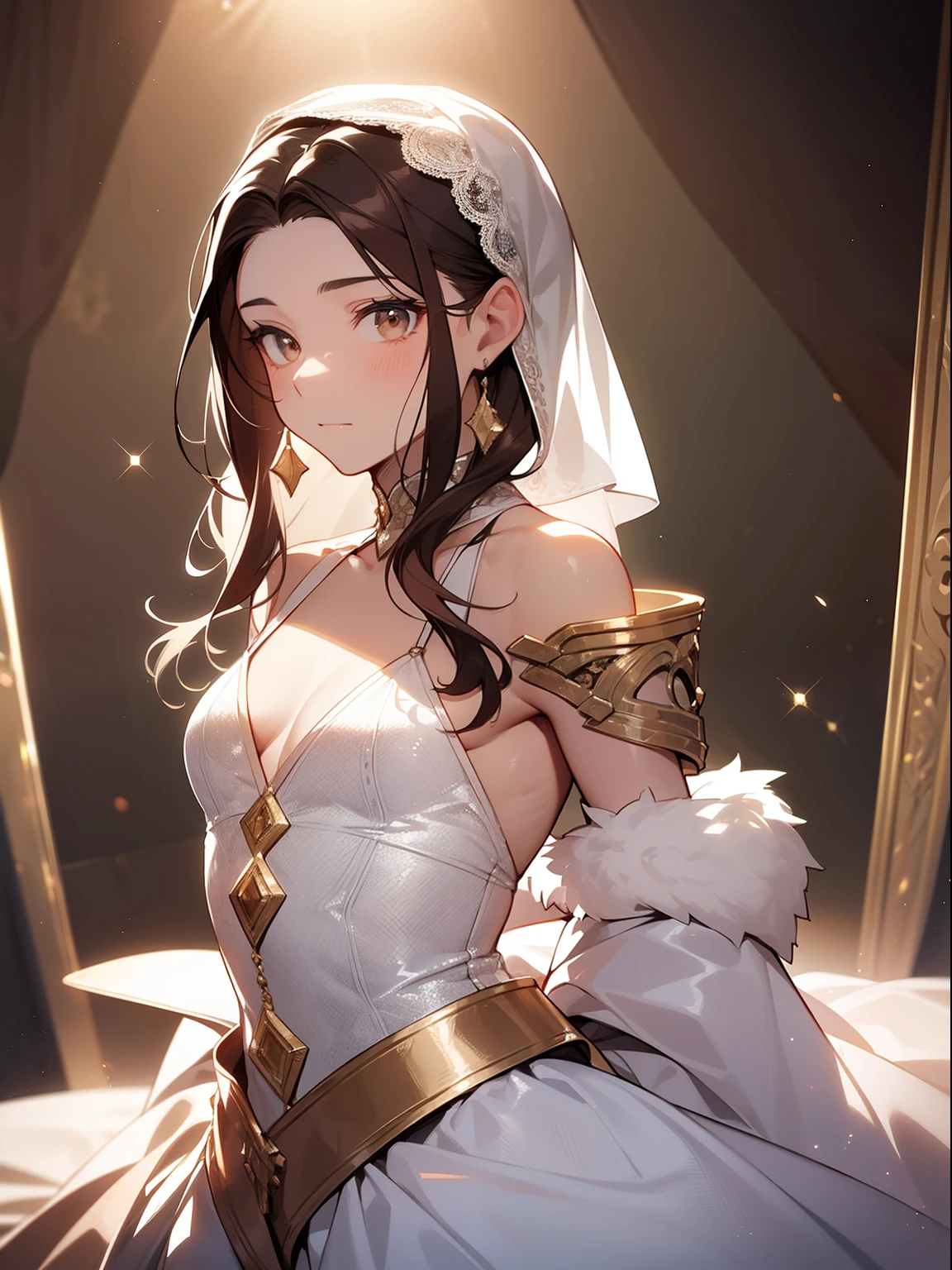 Very handsome feminine guy with thick brown hair to the shoulder blades; big brown eyes, long eyelashes; Almost flat chest; One On the Theatrical Stage (Juliet's monologue), (A very feminine look) Theatrical production, High-end acting, emotionally; anatomically accurate, Realistic textures, max detail,