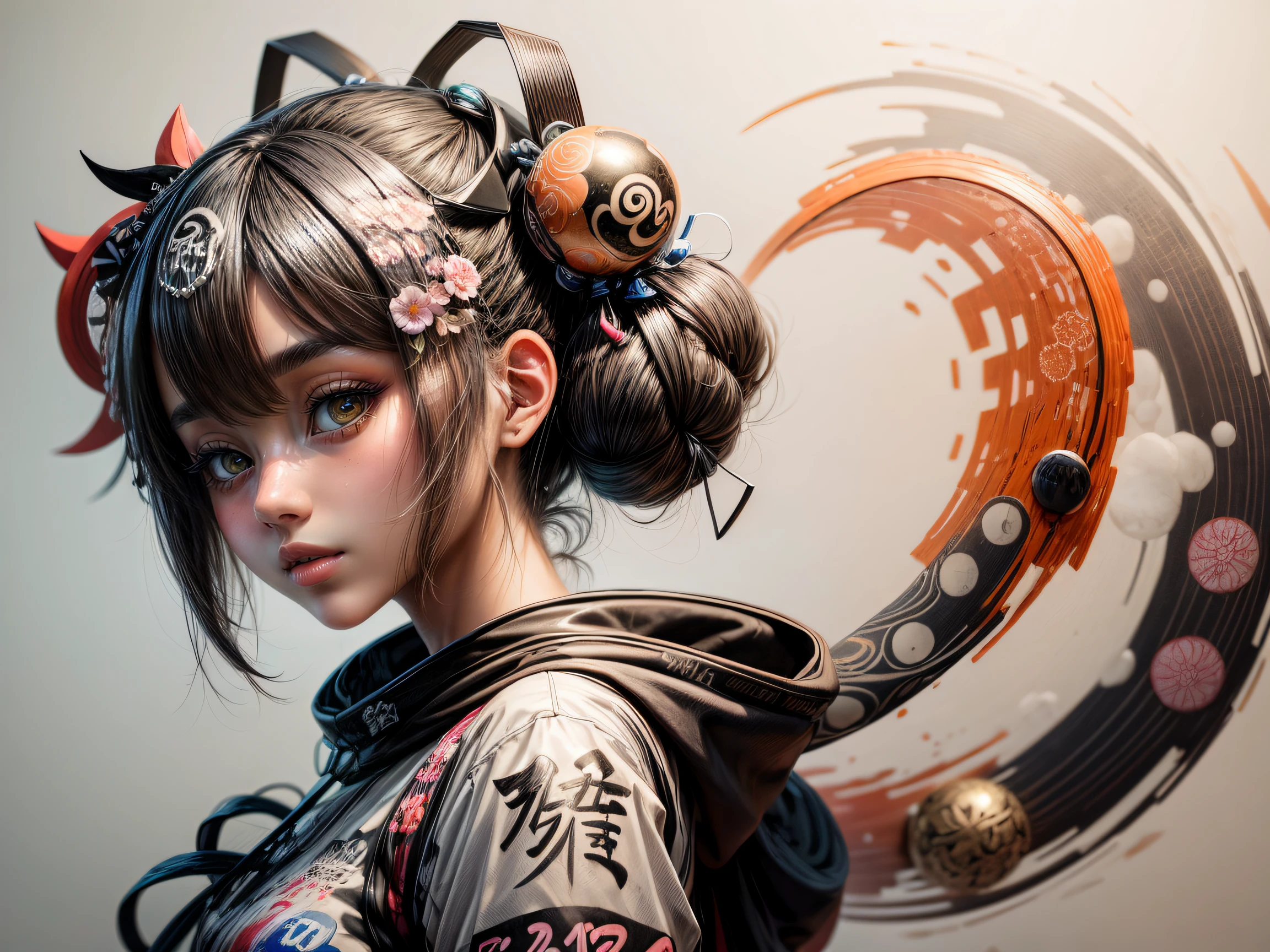 An abstract mixed-media piece combining traditional Japanese calligraphy with modern graffiti-style art, featuring the words "Tokyo Bubbles Girl" intertwined with vibrant bubble motifs, symbolizing the fusion of tradition and contemporary culture in the bustling city.