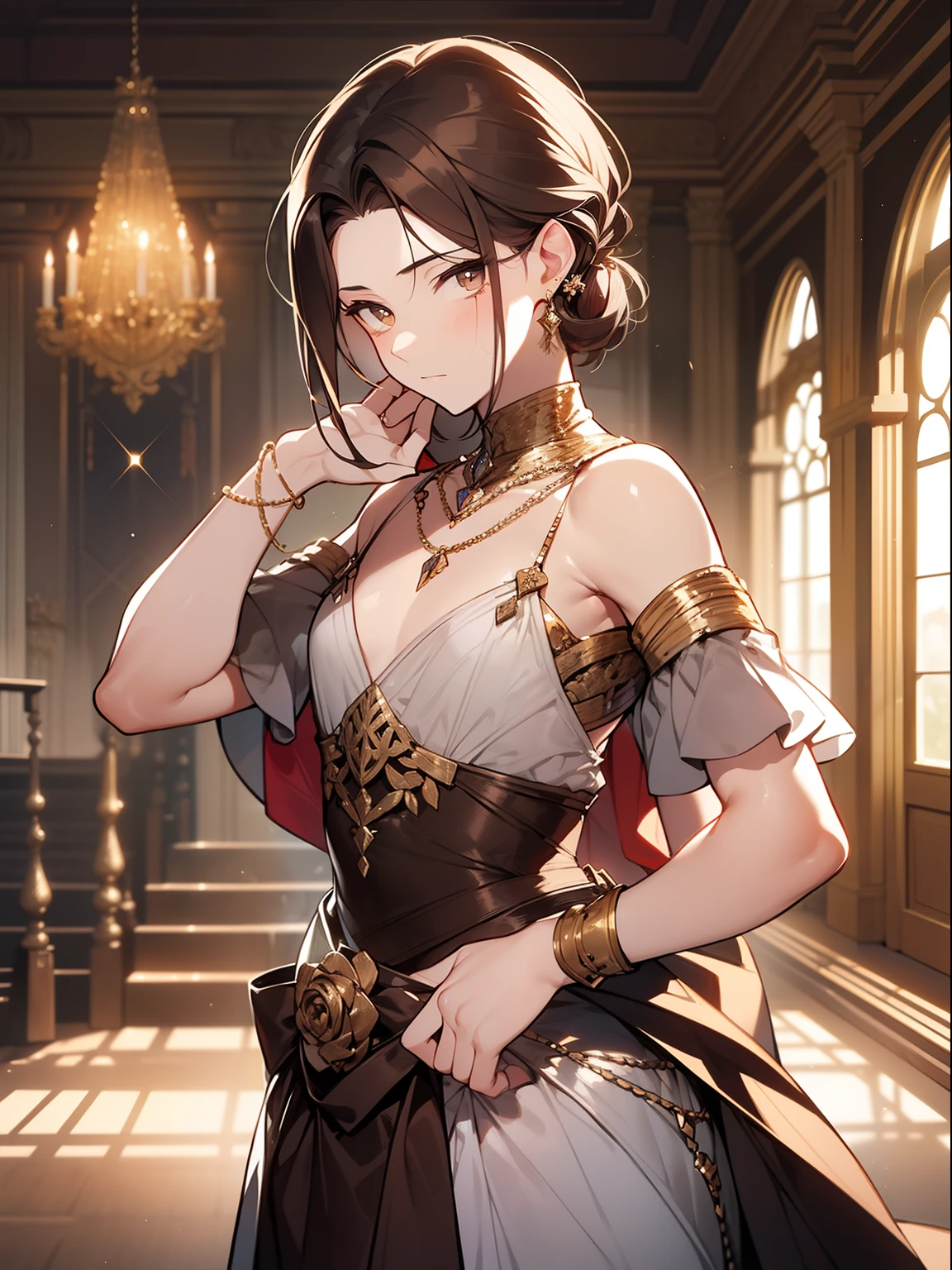 Very handsome feminine guy 17 years old with thick brown hair to the shoulder blades; big brown eyes, long eyelashes; Almost flat chest; One On the Theatrical Stage (Juliet's monologue), (A very feminine look) Theatrical production, High-end acting, emotionally; anatomically accurate, Realistic textures, max detail,