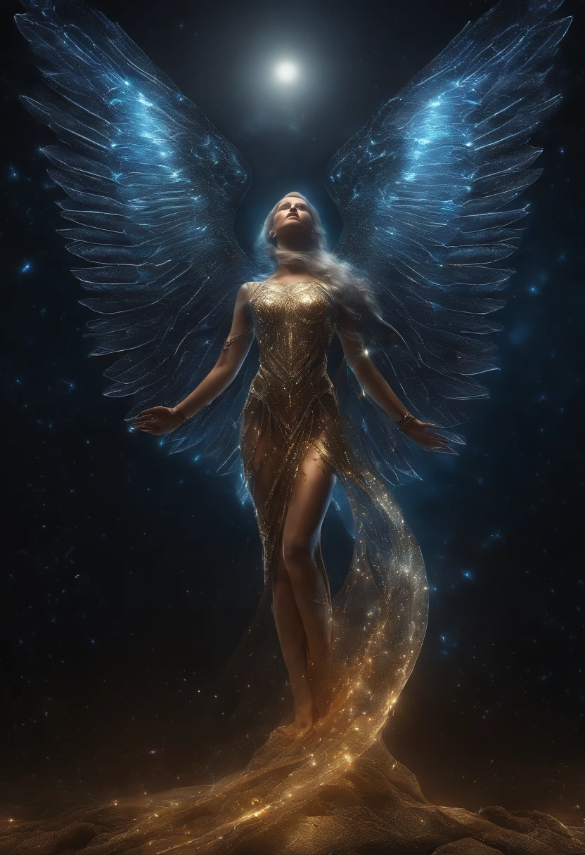 cosmic fallen angel, olhos claros brilhantes, Biomechanicals, estranho, assustador, Pesadelo, cores muito brilhantes, light particles, com luz brilhante, Mshiff, Arte do papel de parede, Papel de parede UHD