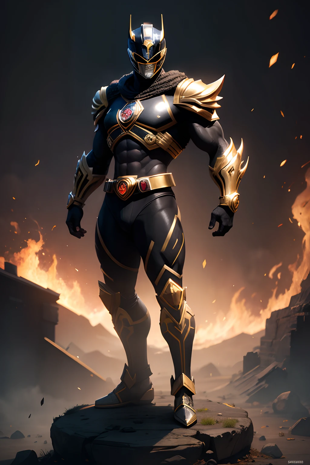 create a black power ranger , full body , mythic , black background ,a bit ancient theme