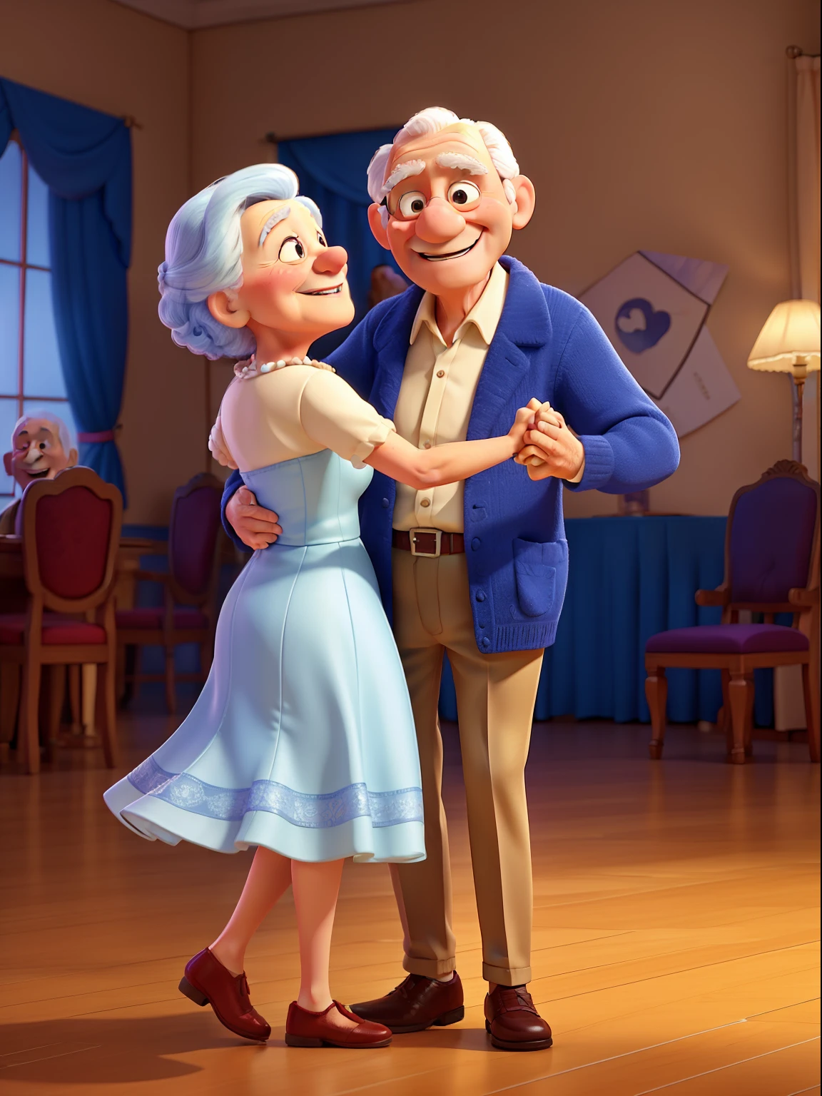 An award winning image of an adorable smiling old couple, dancing in a ballroom, in the style of Aardman Animations, Arthur Boyd, Picasso, 3d rendered, soft lighting