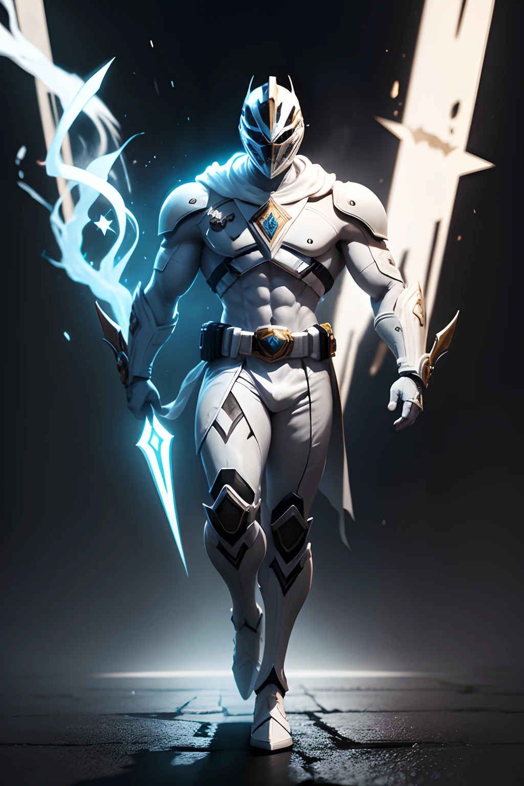 create a white power ranger , full body , mythic , black background ,a bit ancient theme