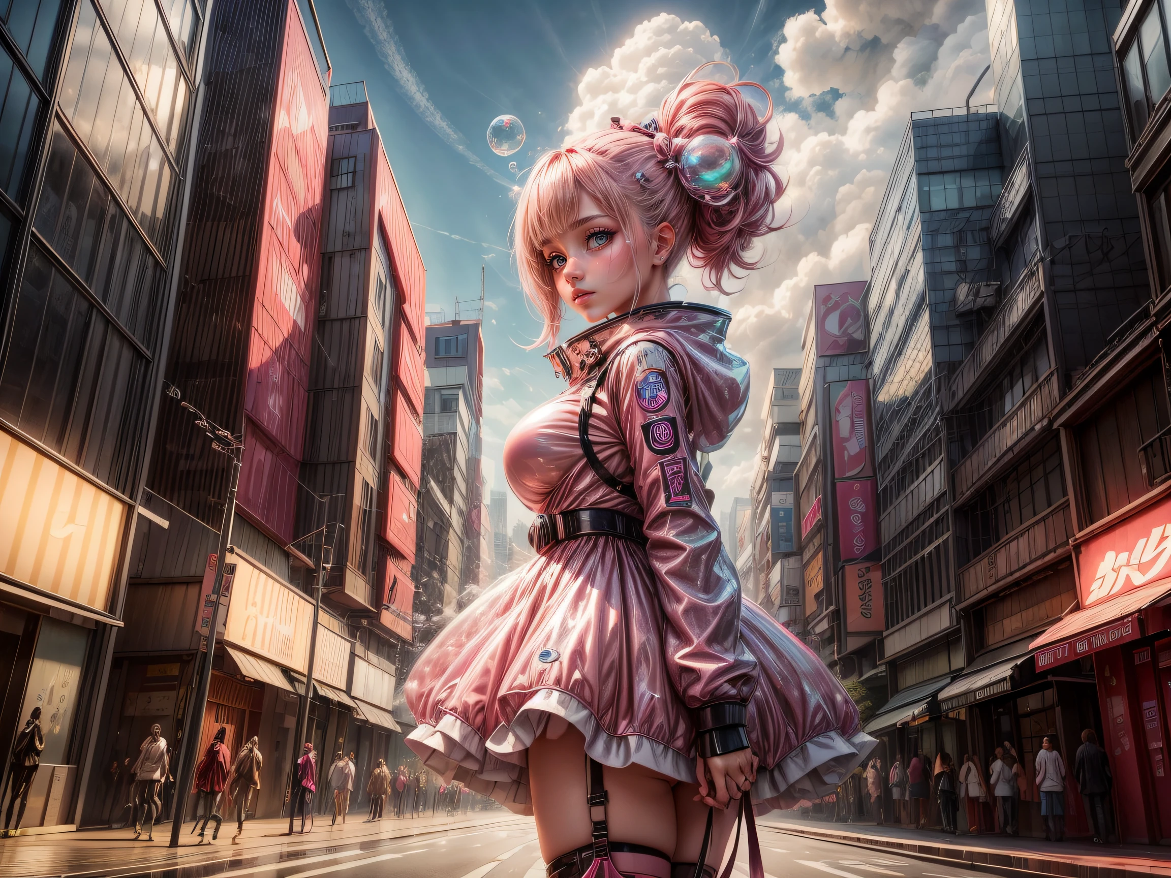 An imaginative digital artwork featuring a girl with bubblegum pink hair, dressed in futuristic Tokyo street fashion, blowing oversized, shimmering bubbles that encapsulate iconic city landmarks, blending the line between reality and fantasy.