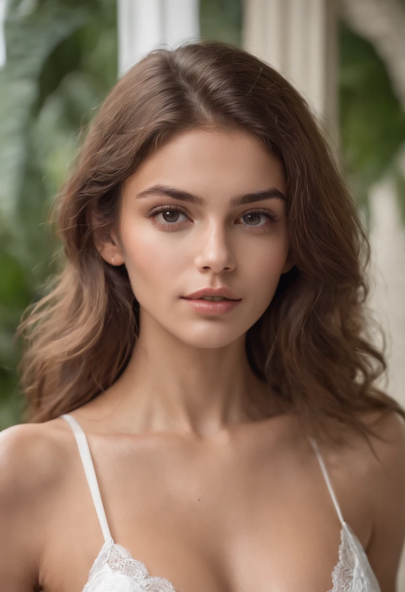 sexy woman, 20years old, Slim, athletic athletic muscles , Lush breasts , tanned, shiny skin, Huge-breasts, Slim waist, Kaia Gerber curly hair, white lingerie, Realistic, photo, real, natural , super quality , blue underwear