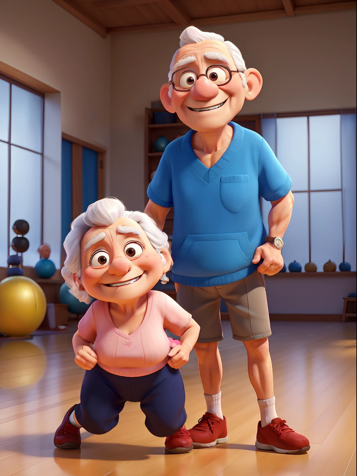 An award winning image of an adorable smiling old couple, exercising in a gym, in the style of Aardman Animations, Arthur Boyd, Picasso, 3d rendered, soft lighting