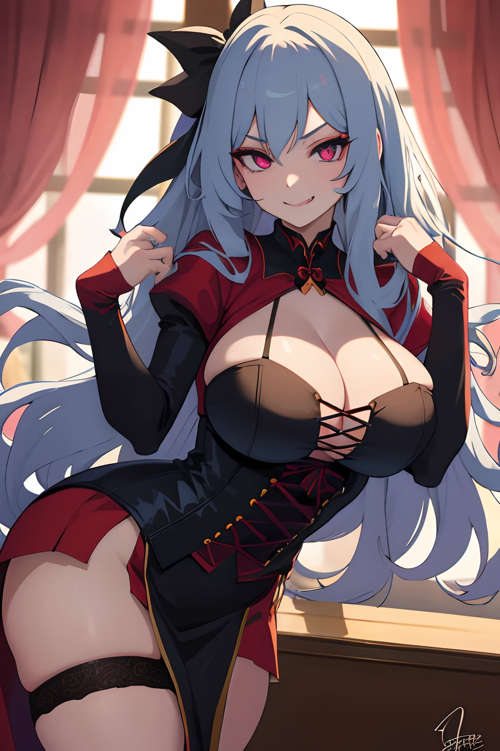 anime, vampire, girl, wide open smile, smokey eyes, seductive facial expressions, long hair, fluffy loose curly hair, anime colored hair color, stylish hairstyle, symmetrical hair, hair does not cover face, curvy body, sexy girl, beautiful girl, sensual vampress dress with corset, sexy face, youthful face, leaning toward the viewer, clarity, detailed, detailed face, very detailed drawing, perfect composition, soft natural volumetric cinematic perfect light, masterpiece