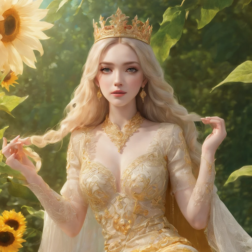 (best quality,4k,8k,highres,masterpiece:1.2),ultra-detailed,(realistic,photorealistic,photo-realistic:1.37),beautiful detailed eyes,beautiful detailed lips,extremely detailed eyes and face,longeyelashes,1girl (princess,royal),gorgeous,ash-blond long hair,big bright eyes,wearing a stunning yellow gown that flows down to the floor,sparkling with intricate golden embroidery,ornate golden crown sitting beautifully on top of her head,delicate gold jewelry adorning her neck and wrists,holding a bouquet of vibrant sunflowers in her hands,standing in the middle of a blooming garden filled with colorful flowers and lush greenery,bright sunlight streaming through the trees,casting a warm golden glow upon her,peaceful and dreamlike atmosphere,magical,ethereal,medium:oil painting,vivid colors,soft pastel color palette,impressionistic style,subtle brushstrokes,lyrical composition,with a touch of fairy tale whimsy,perfect harmony between realism and fantasy