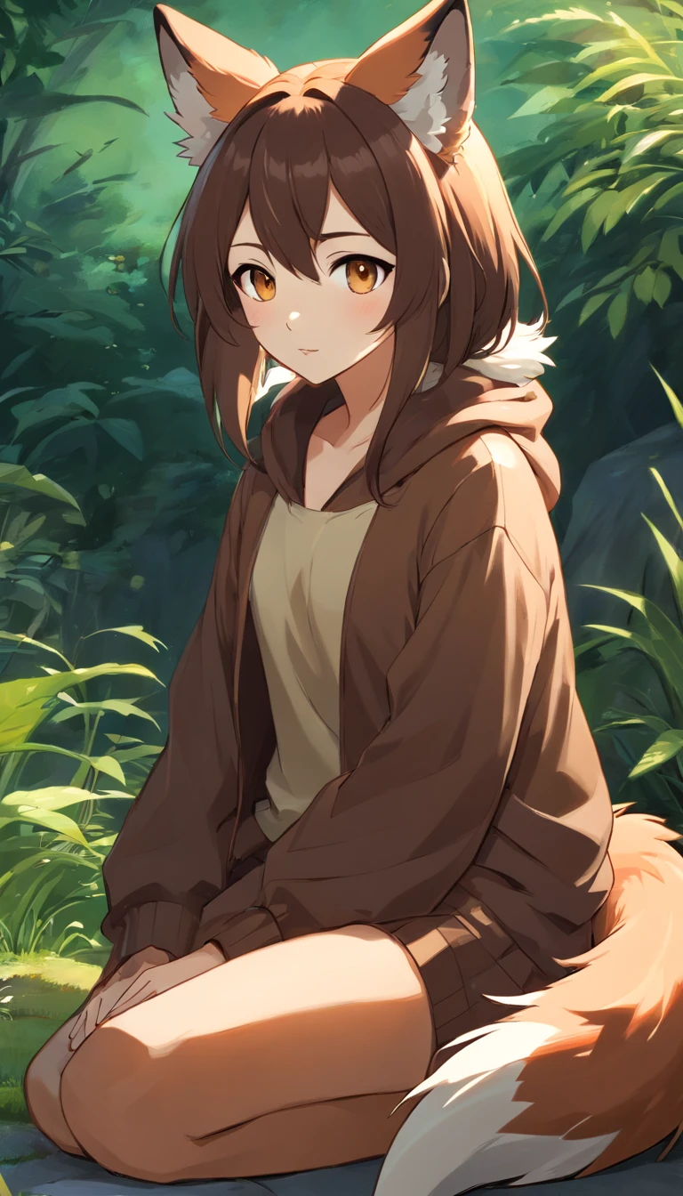 Fox, (Monster Girl), Long brown ears，The interior is dark brown, Brown fur, Tepia neck villi, Brown fluffy tail，Sepia tips, Big brown eyes, dressed sober clothes, Sitting in the garden, Masterpiece, Best quality