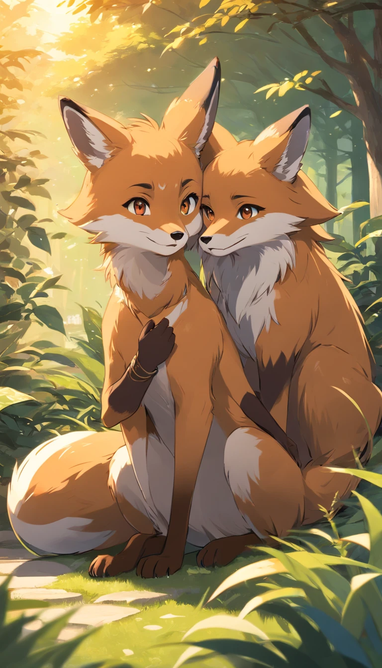 Fox, (Monster Girl), Long brown ears,The interior is dark brown, Brown fur, Tepia neck villi, Brown fluffy tail,Sepia tips, Big brown eyes, dressed sober clothes, Sitting in the garden, Masterpiece, Best quality