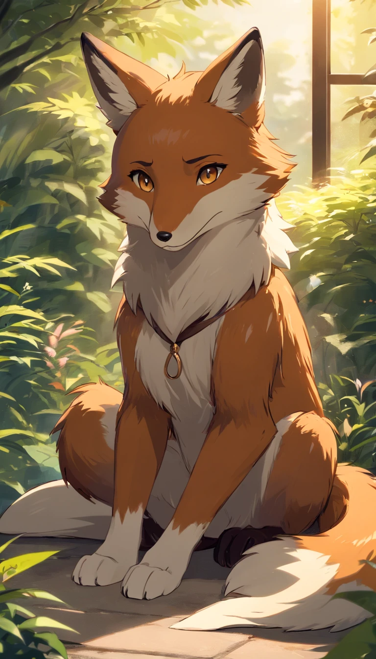 Fox, (Monster Girl), Long brown ears，The interior is dark brown, Brown fur, Tepia neck villi, Brown fluffy tail，Sepia tips, Big brown eyes, dressed sober clothes, Sitting in the garden, Masterpiece, Best quality