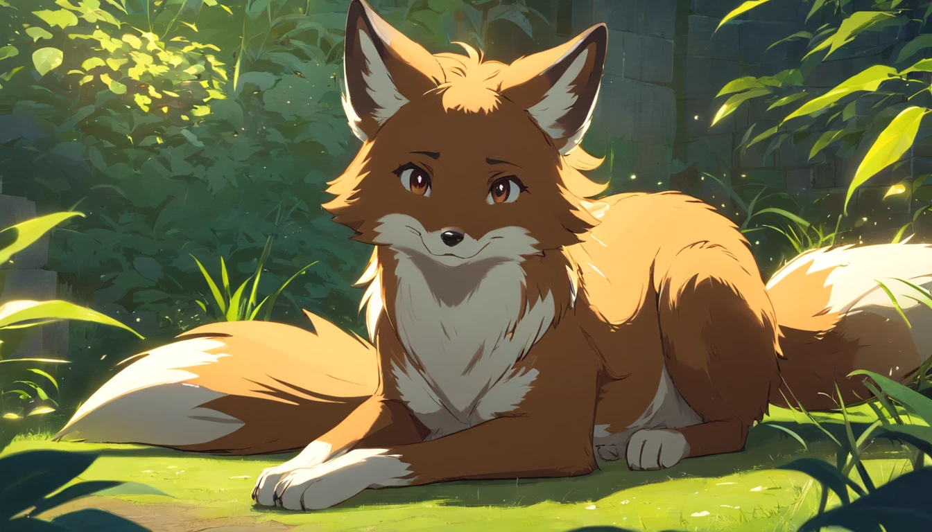 Fox, (Monster Girl), Long brown ears,The interior is dark brown, Brown fur, Tepia neck villi, Brown fluffy tail,Sepia tips, Big brown eyes, dressed sober clothes, Sitting in the garden, Masterpiece, Best quality