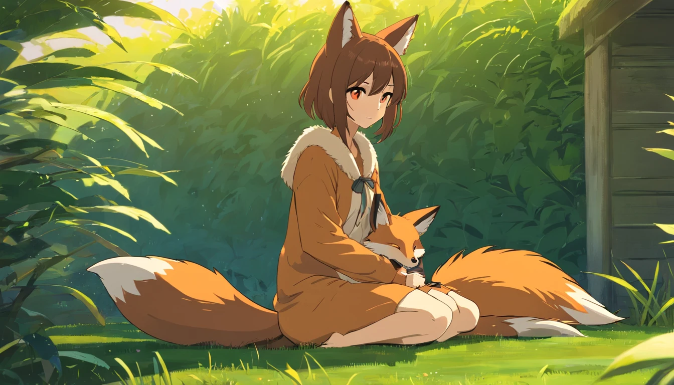 Fox, (Monster Girl), Long brown ears,The interior is dark brown, Brown fur, Tepia neck villi, Brown fluffy tail,Sepia tips, Big brown eyes, dressed sober clothes, Sitting in the garden, Masterpiece, Best quality