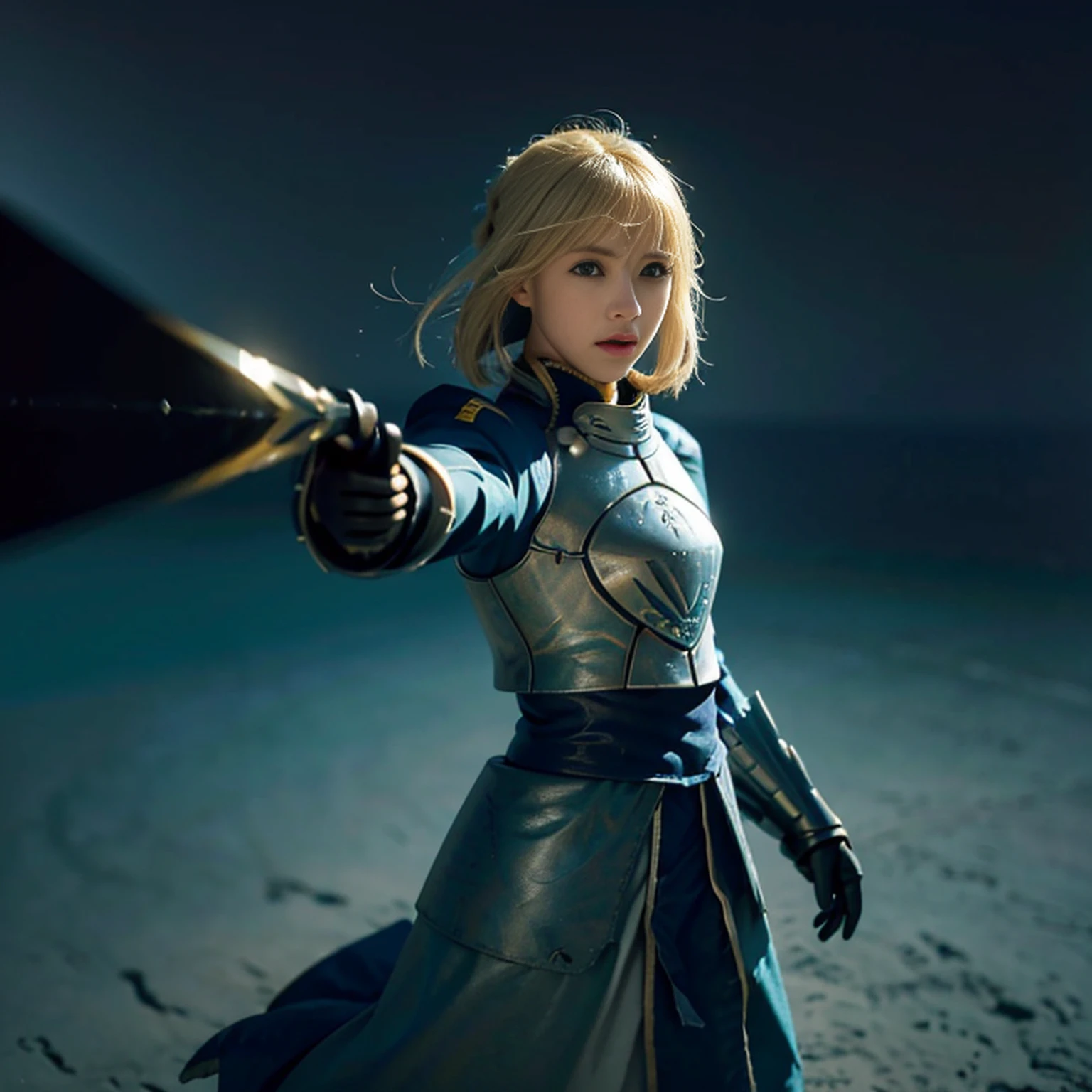 Aasaber, olhos verdes, blonde hair, Ahoge, Manoplas, 1girl, corpo inteiro, (master part:1.2), (ultra detalhado), (8k, intrincado), (85 millimeters), (altamente detalhado:1.2), (regra de terceiro_compositing:1.3), (action line:1.2), luz do dia, sozinho