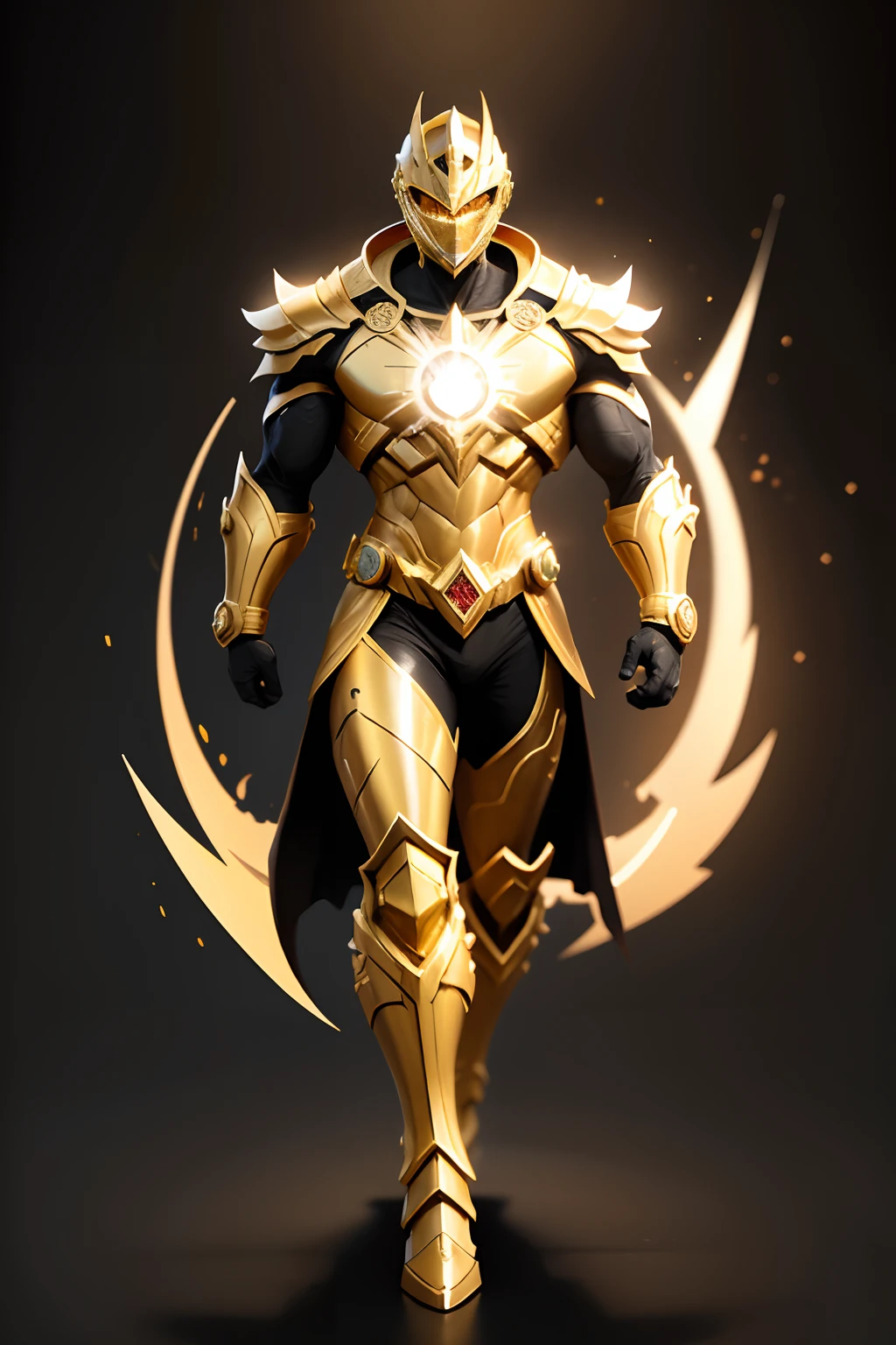 create a golden power ranger , full body , mythic , black background ,a bit ancient theme