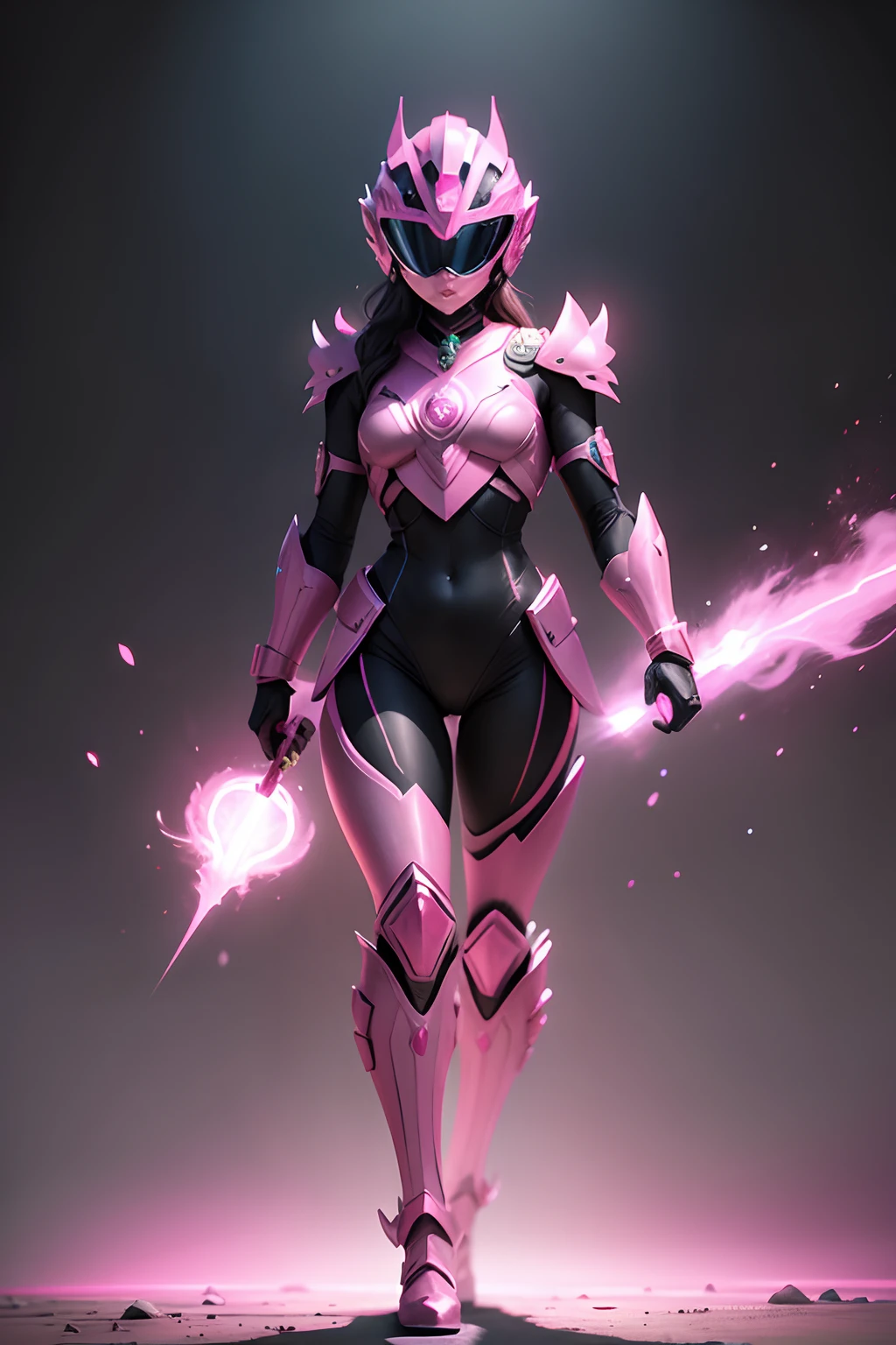 create a pink power ranger wearing helmet , full body , mythic , black background ,a bit ancient theme