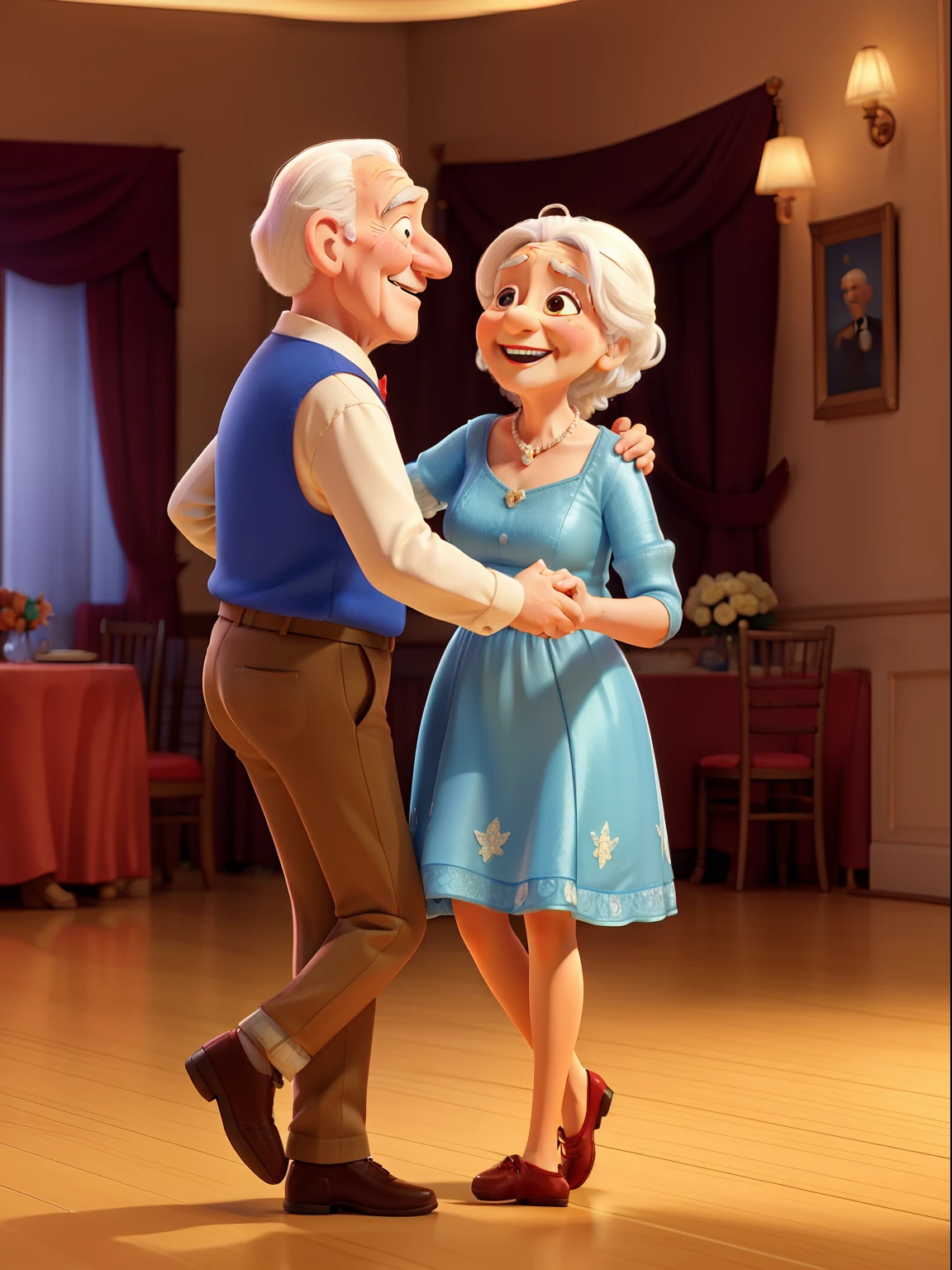 An award winning image of an adorable smiling old couple, dancing in a ballroom, in the style of Aardman Animations, Arthur Boyd, Picasso, 3d rendered, soft lighting