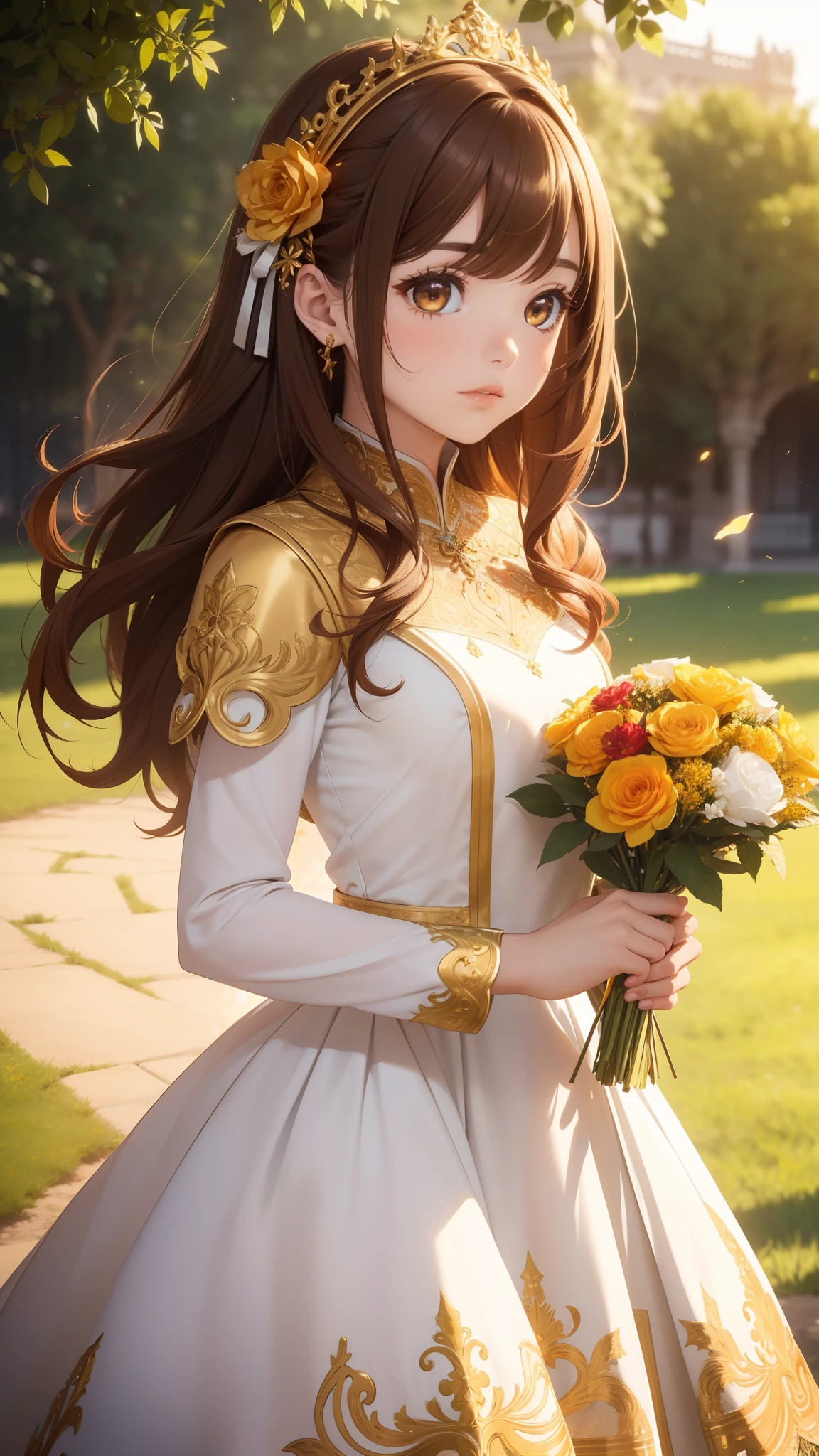 girl, vibrant colours, masterpiece, sharp focus, depth of field, cinematic lighting, best quality, ultra detail, rich in detail and texture, moon, outdoors, (white and golden brown ornate dress), (golden brown eyes), (golden brown hair), red flower hair ornament,