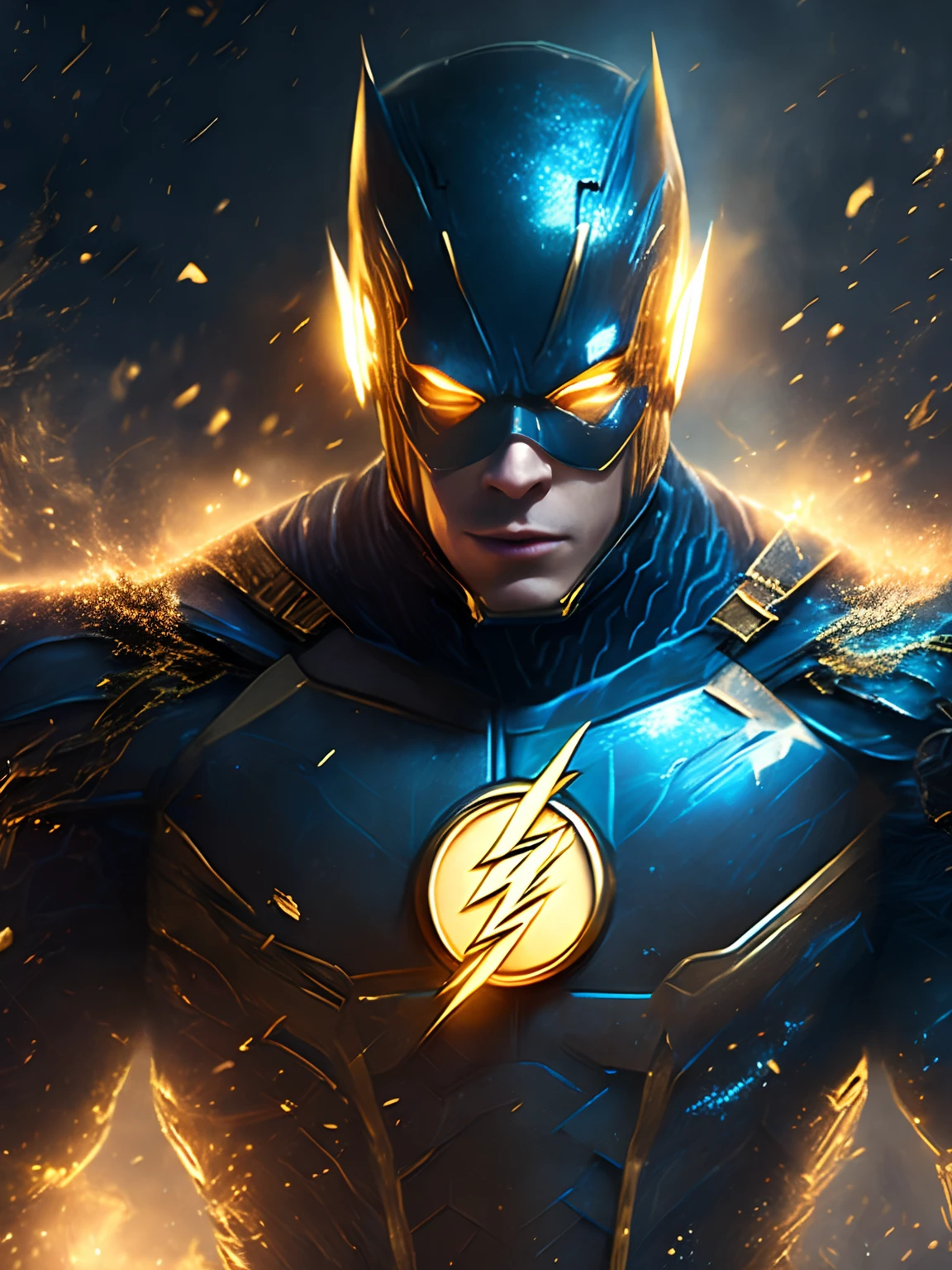 gloomy portrait of Flash gold Lantern from DC, extremely detailed, futuristic cityscape, nighttime, glowing neon lights, smoke, sparks, metal shavings, flying debris, blue energy effects, volumetric light