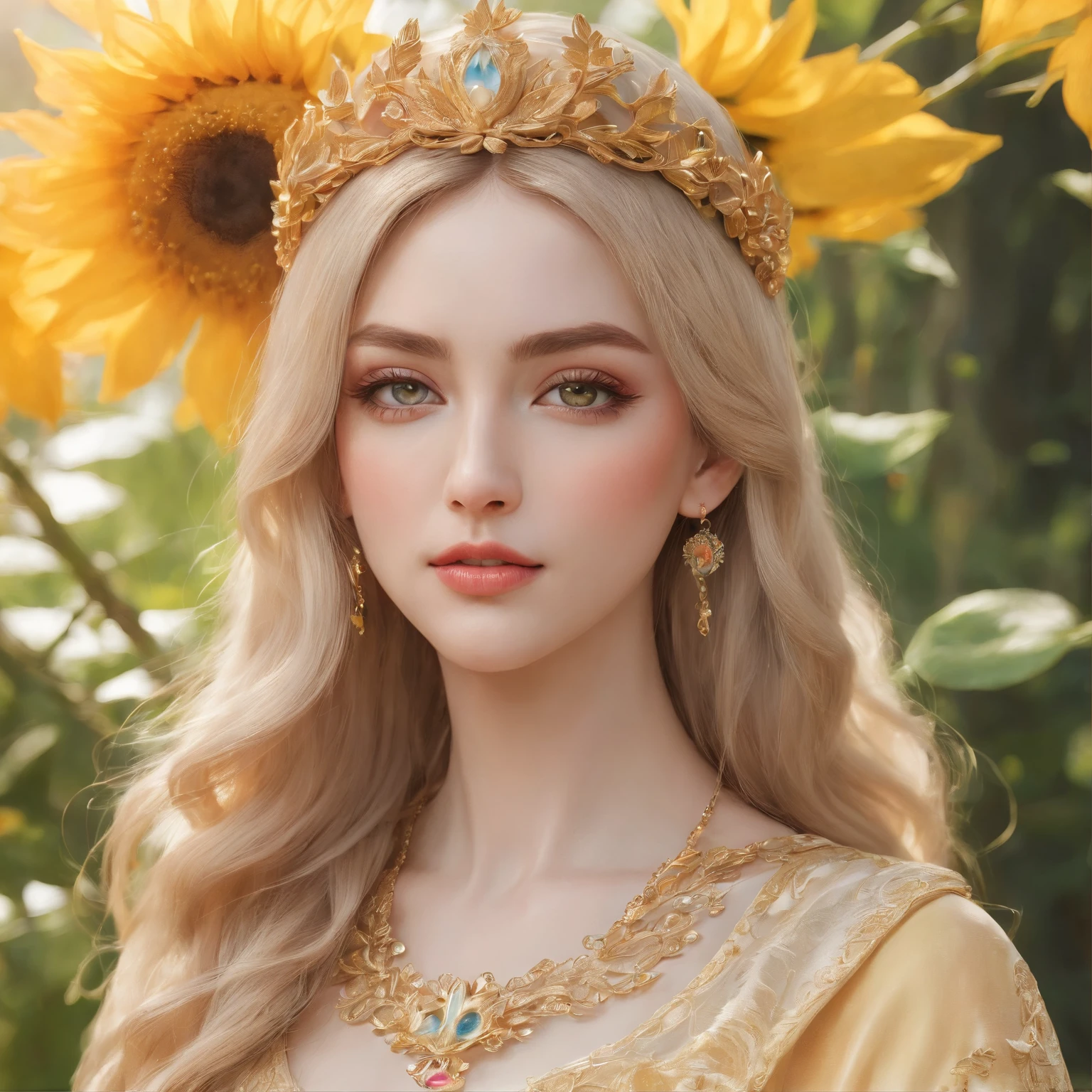 (best quality,4k,8k,highres,masterpiece:1.2),ultra-detailed,(realistic,photorealistic,photo-realistic:1.37),beautiful detailed eyes,beautiful detailed lips,extremely detailed eyes and face,longeyelashes,1girl (princess,royal),gorgeous,ash-blond long hair,big bright eyes,wearing a stunning yellow gown that flows down to the floor,sparkling with intricate golden embroidery,ornate golden crown sitting beautifully on top of her head,delicate gold jewelry adorning her neck and wrists,holding a bouquet of vibrant sunflowers in her hands,standing in the middle of a blooming garden filled with colorful flowers and lush greenery,bright sunlight streaming through the trees,casting a warm golden glow upon her,peaceful and dreamlike atmosphere,magical,ethereal,medium:oil painting,vivid colors,soft pastel color palette,impressionistic style,subtle brushstrokes,lyrical composition,with a touch of fairy tale whimsy,perfect harmony between realism and fantasy