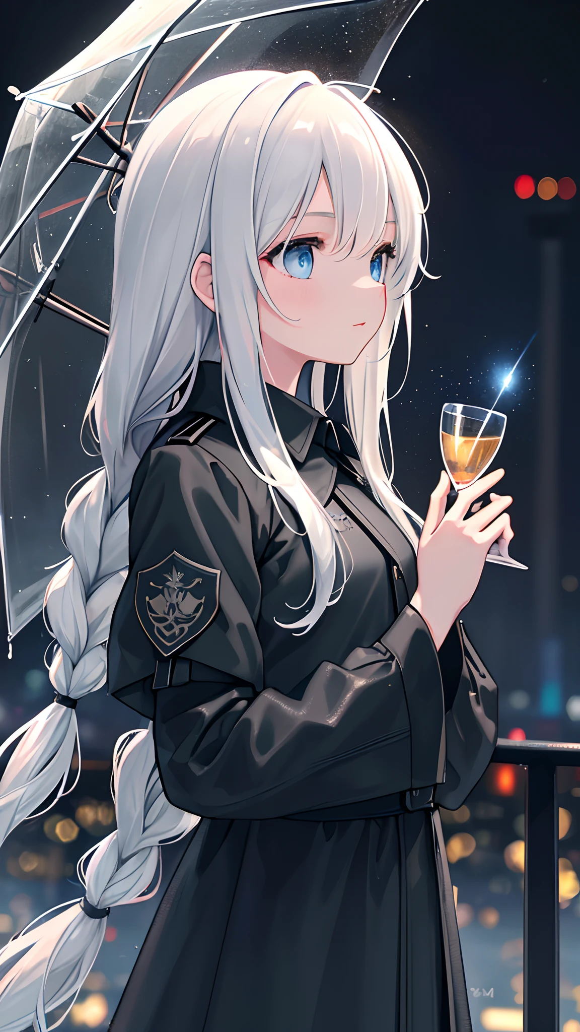(Masterpiece:1.21), (Best quality:1.331), ((Ultra-detailed)), ((extremely best illustration)), ((Amazing)), (hyper qualit), Gorgeous and rich graphics,
(Extremely delicate and beautiful:1.21), 8K, the wallpaper, (extremely beautiful lighting), hard light, Delicate composition, (Perfect positioning), (extremely beautiful and detailed background:1.21), Rembrandt style expression of light and shadow, Dark tone, (Low profile, high differential color levels), ((Depth of field)), deepshadow,
Dynamic Angle, From the side Side, Upper body, Radial blur,
rain, (City lights, The background is blurred out),
(1girll),(Beautiful detailed eyes), Clear blue eyes, Long silver French braided hair,
camouflage uniform,
Transparent raincoat, Wet clothes and wet skin and dripping wet hair,
Lens flare, String Light, street,, Masterpiece, Best quality,