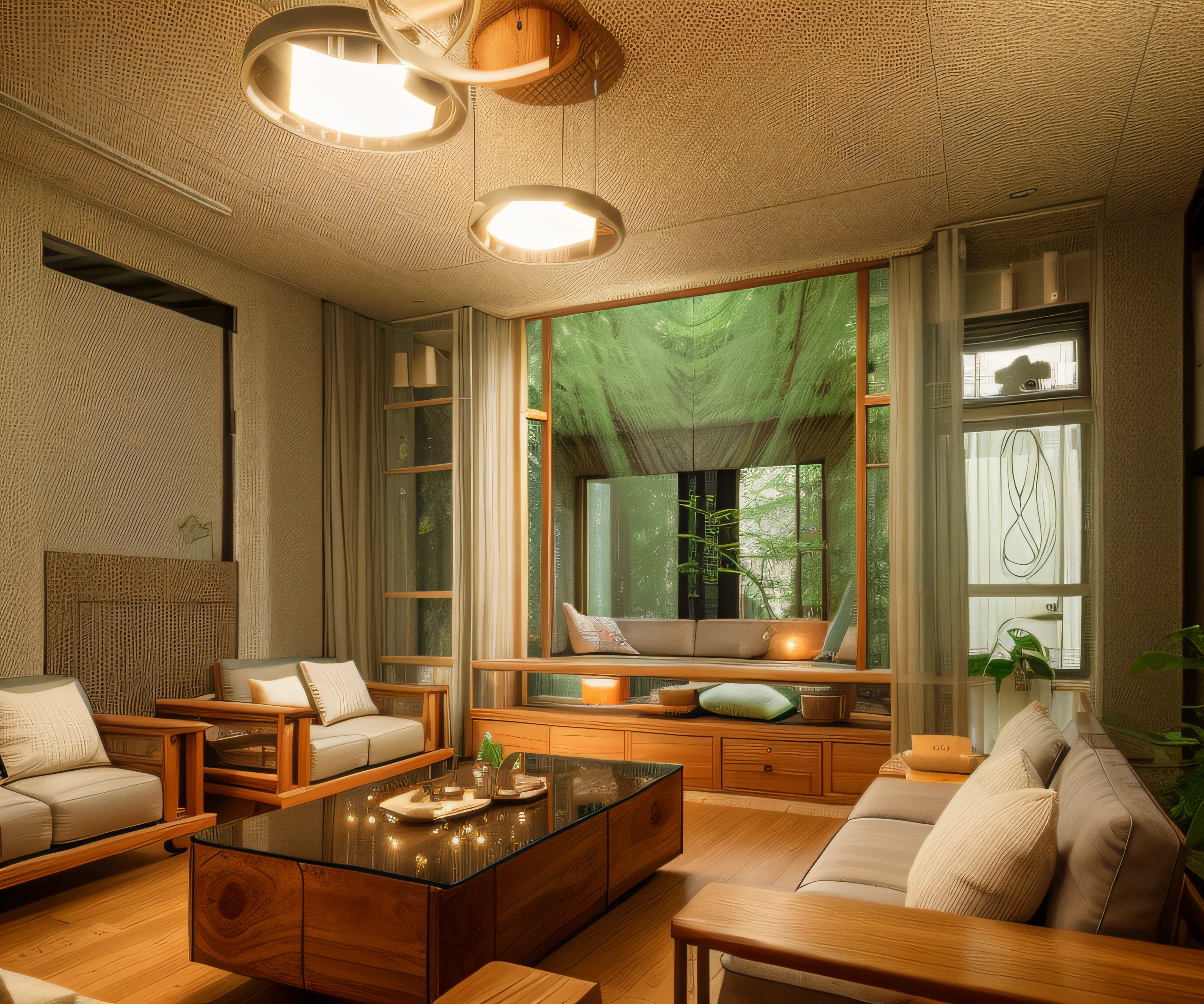 Interior design、Crazy detailed wide-angle building photos、cozy contemporary living room、(Bright warm sunshine 1:0.1)、award-winning contemporary interior design、Landscapes、DL、a chair、in a house、wooden floor、window、dining room、east asian east asian architecture、Sliding paper doors、lamp lights、buliding、the woods、naturey、Cups、A plant、Interior design、Insert lights and shadows、depth of fields、low illuminance