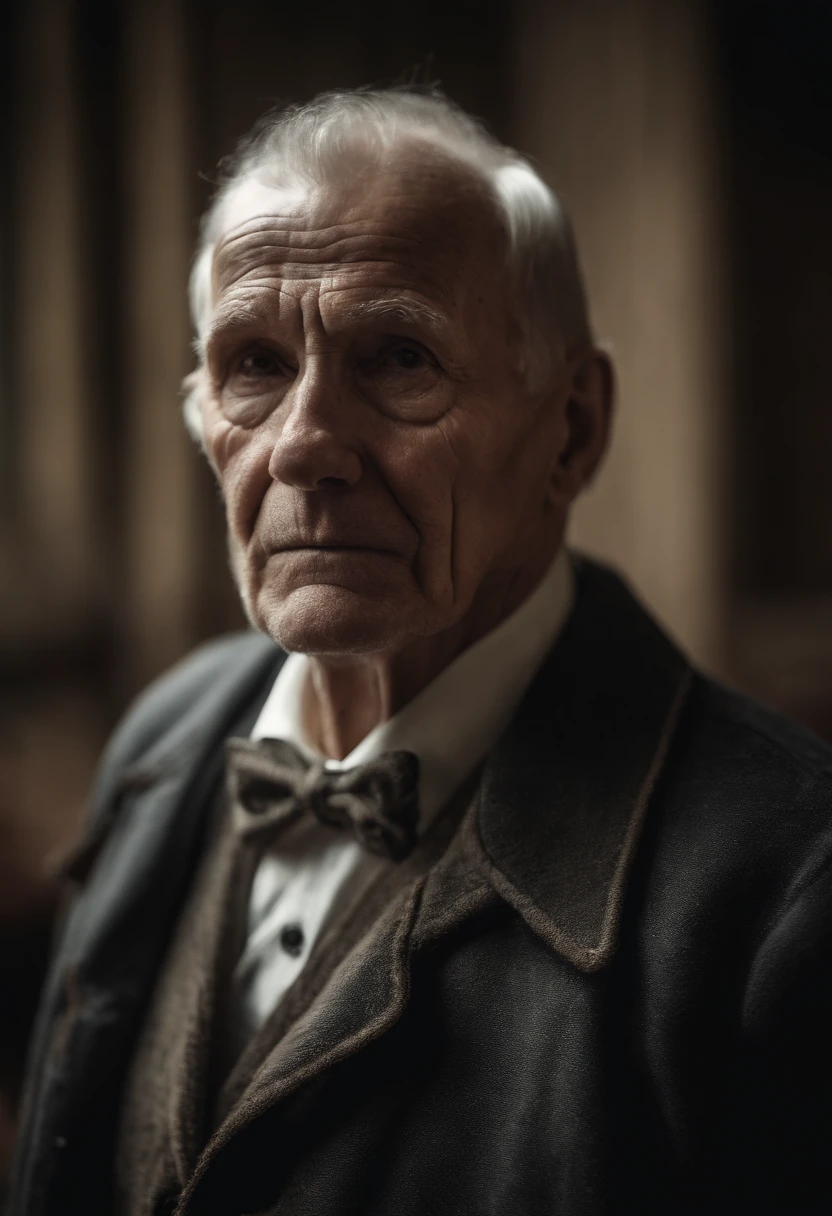 Muscular elderly man with a skull in his hands, vestes refinadas, olhar sereno, fundo escuro, melancolia, Estoicismo