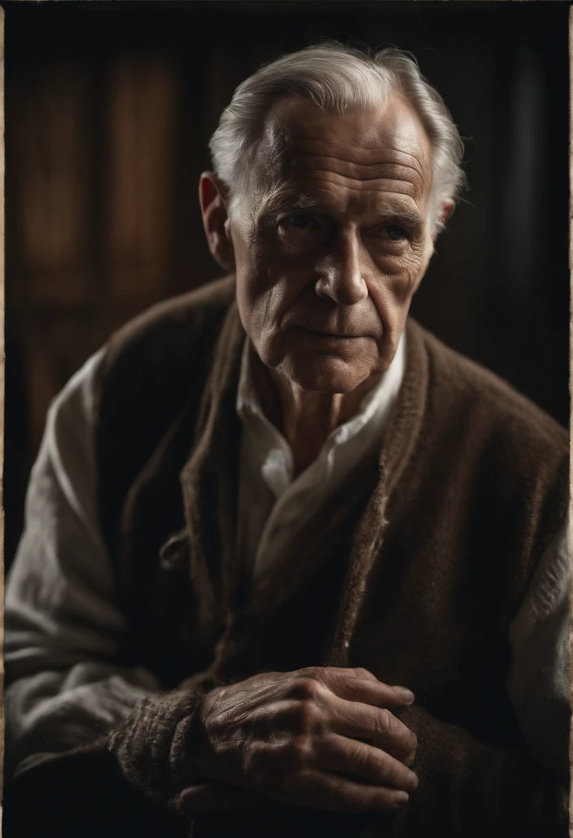 Muscular elderly man with a skull in his hands, vestes refinadas, olhar sereno, fundo escuro, melancolia, Estoicismo
