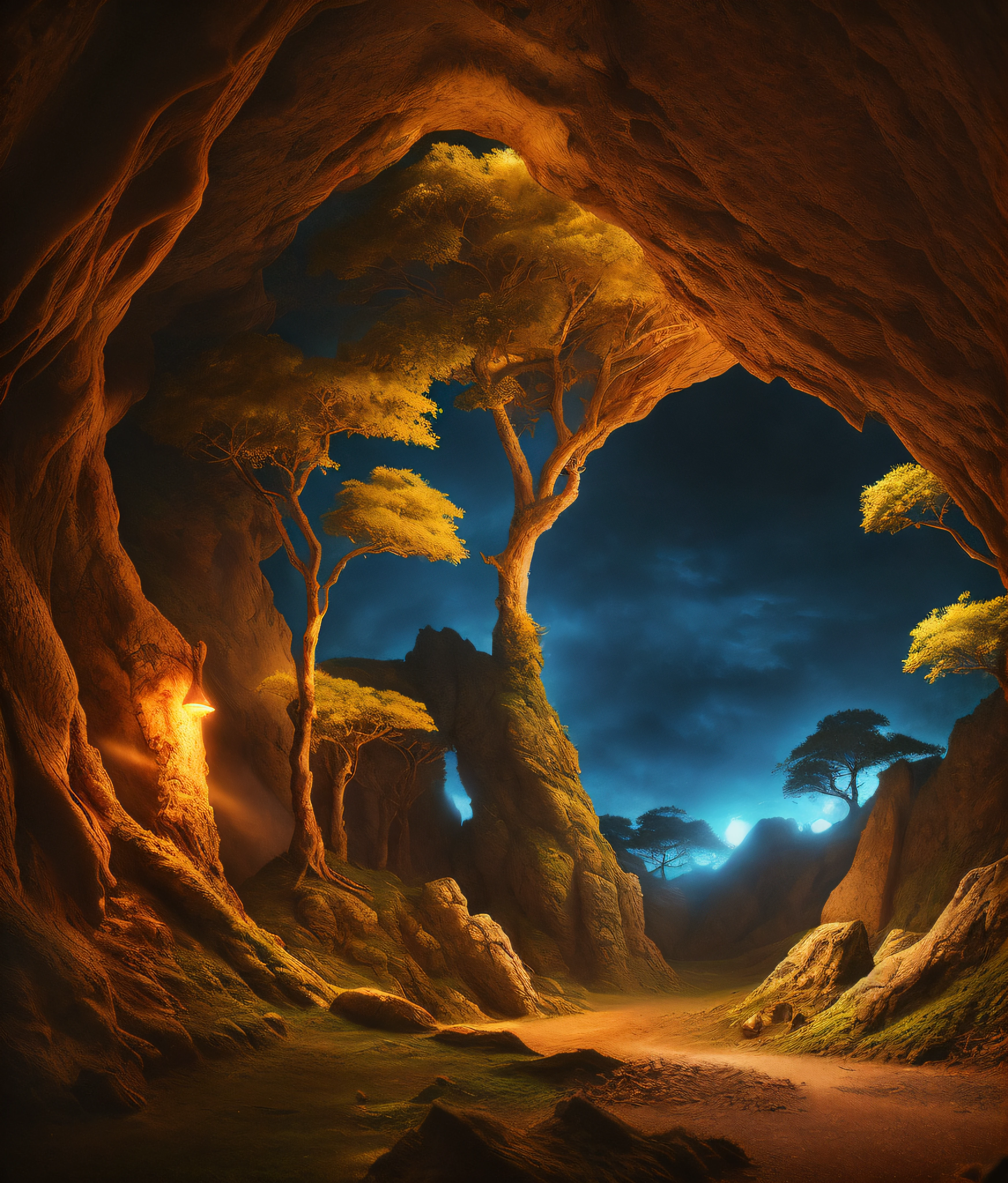 magical realm forest with a cave fantasy background by Akira Toriyama and Albert Koetsier photorealistic style photography ultra realistic highly detailed intricate, cinematic lighting --air 3:2