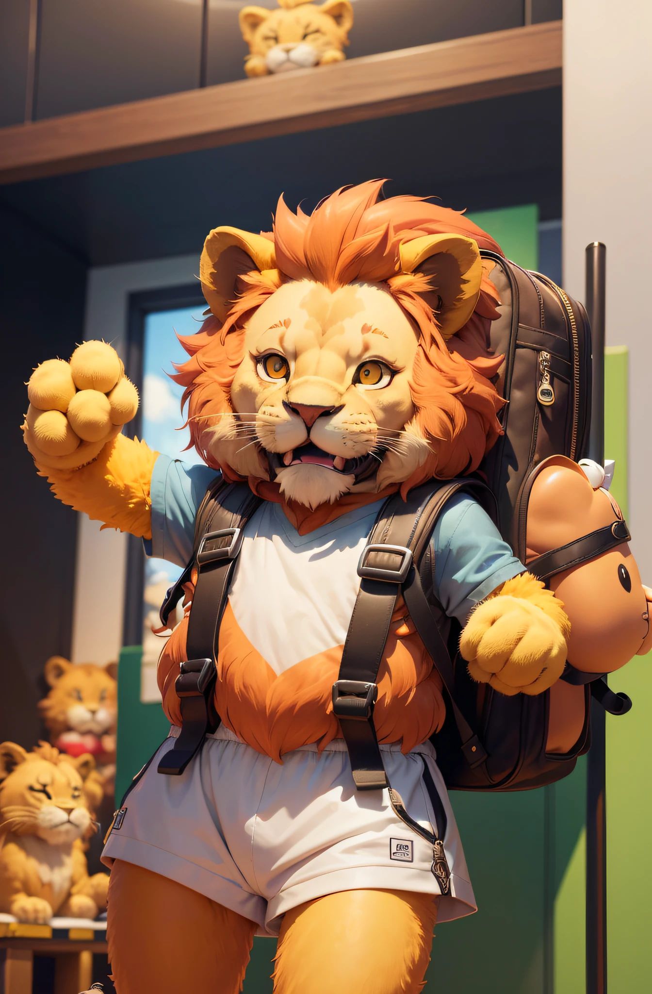 (Cartoon lion,illustration,adorable mascot,grande sorriso,Lion with backpack,cute and Playful,cartunesco,Personagem ilustrado,cores vibrantes,recursos estilizados,friendly expression,linhas e formas simples,playful pose,texturas macias,Divertido,Atraente,caprichoso,alegre,alegre)
