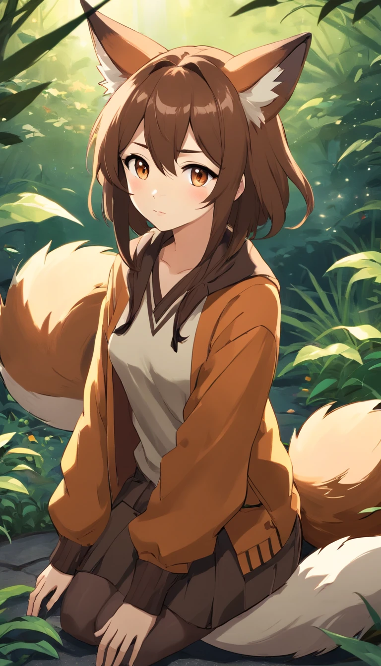 Fox, (Monster Girl), Long brown ears,The interior is dark brown, Brown fur, Tepia neck villi, Brown fluffy tail,Sepia tips, Big brown eyes, dressed sober clothes, Sitting in the garden, Masterpiece, Best quality
