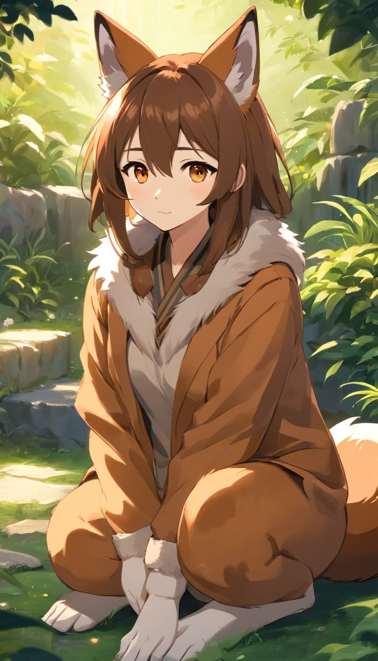 Fox, (Monster Girl), Long brown ears,The interior is dark brown, Brown fur, Tepia neck villi, Brown fluffy tail,Sepia tips, Big brown eyes, dressed sober clothes, Sitting in the garden, Masterpiece, Best quality