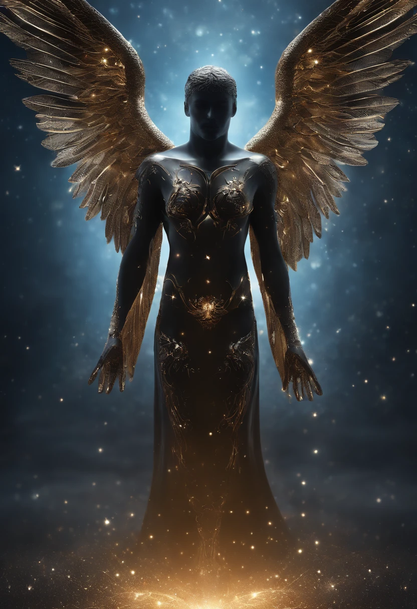 cosmic fallen angel, male figure, olhos claros brilhantes, Biomechanicals, estranho, assustador, Pesadelo, cores muito brilhantes, light particles, com luz brilhante, Mshiff, Arte do papel de parede, Papel de parede UHD