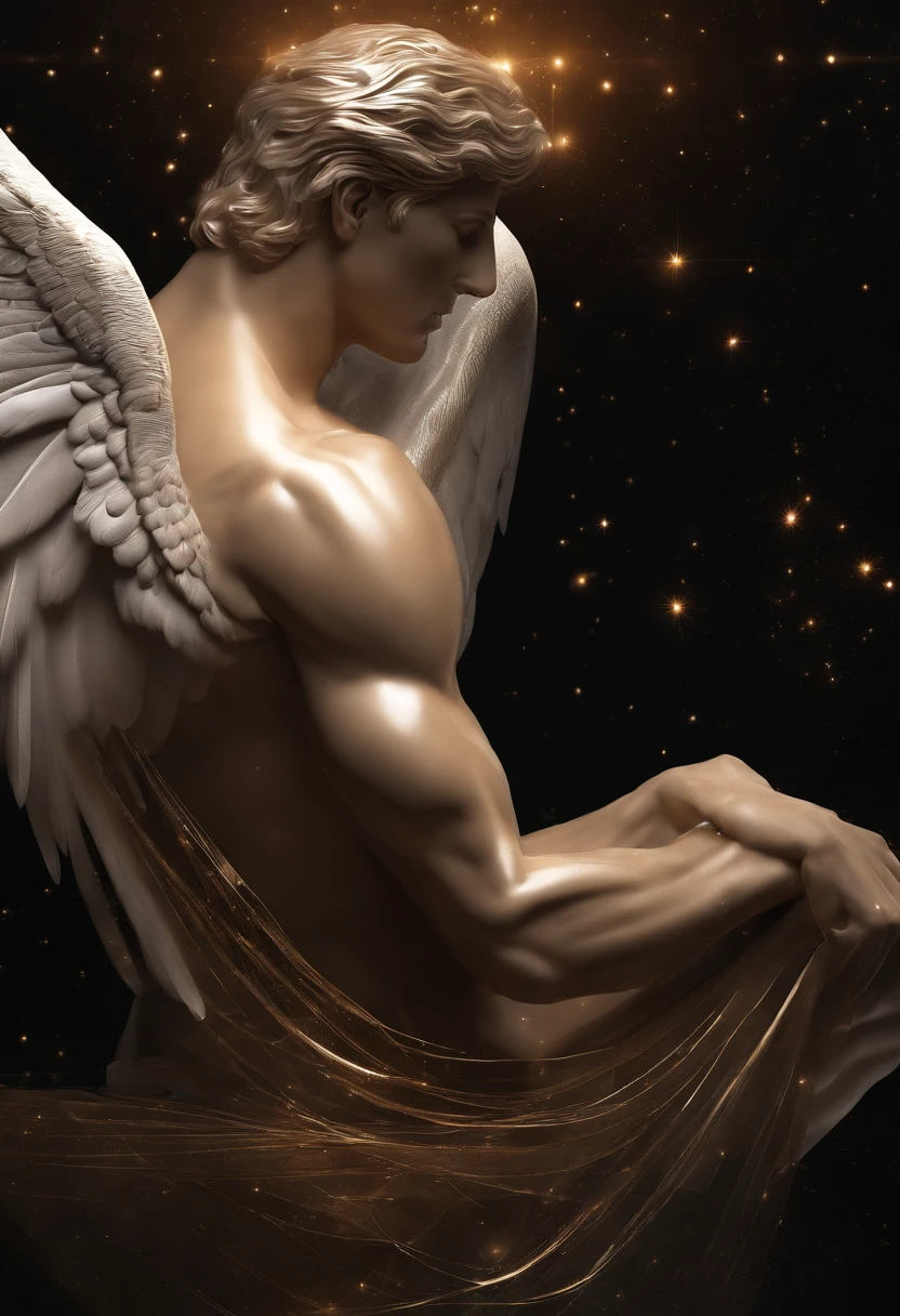 cosmic fallen angel, male figure, olhos claros brilhantes, Biomechanicals, estranho, assustador, Pesadelo, cores muito brilhantes, light particles, com luz brilhante, Mshiff, Arte do papel de parede, Papel de parede UHD