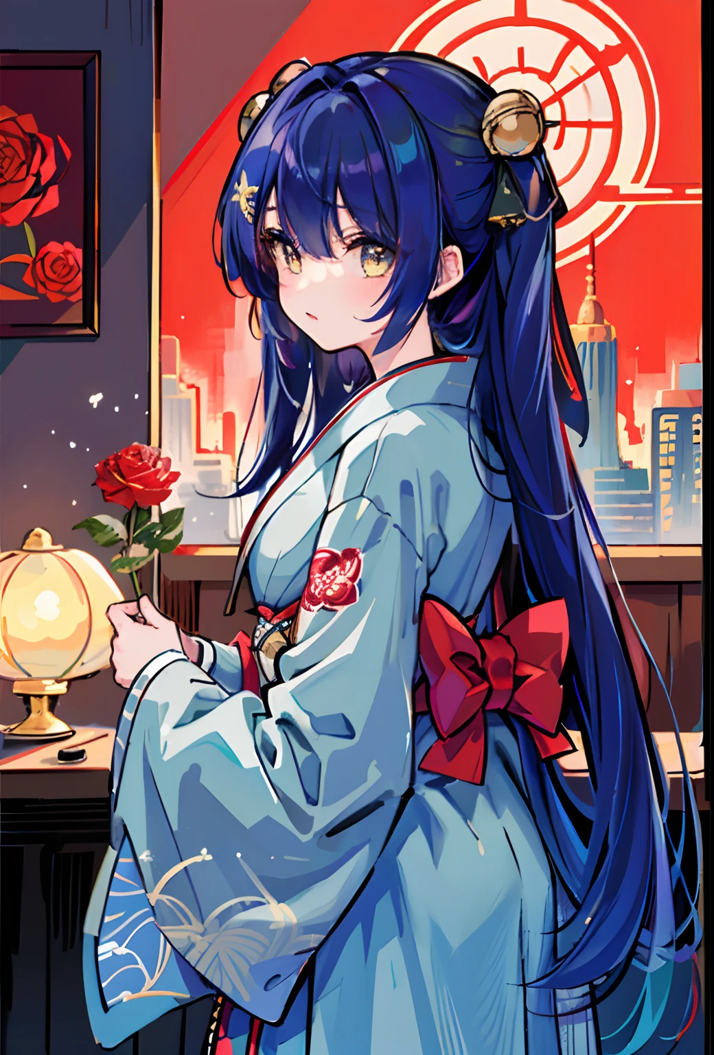 One girl, (Large: 1.4), Solo, ((Hi-Res)), ((Masterpiece)), ((Best quality)), ((Very detailed)), (Very detailed)), Sexy, Long dark blue hair, gold eyes (Eyeliner), , Kimono, Red, Indoors, Mysterious red lighting, Roses, Ruins at night,