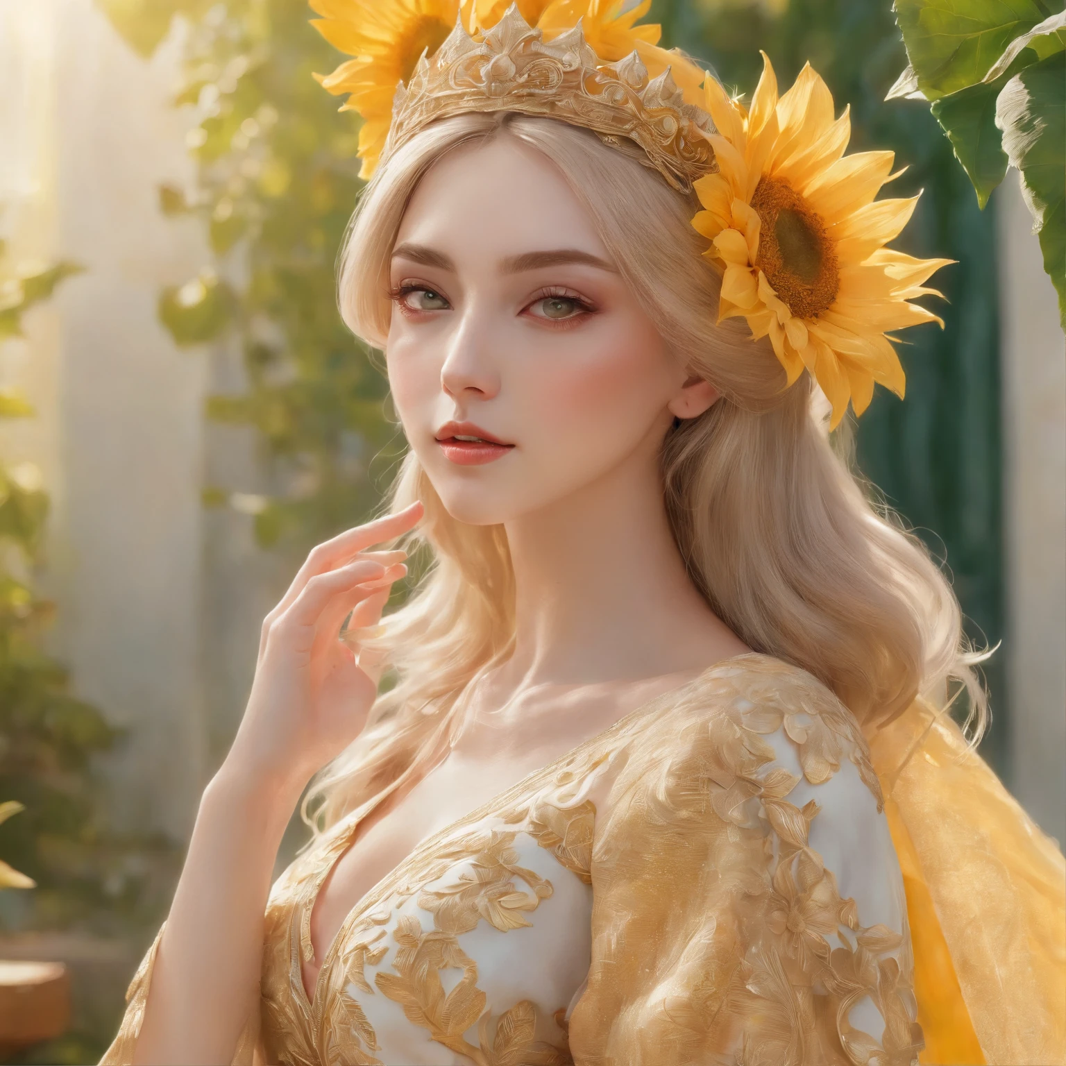 (best quality,4k,8k,highres,masterpiece:1.2),ultra-detailed,(realistic,photorealistic,photo-realistic:1.37),beautiful detailed eyes,beautiful detailed lips,extremely detailed eyes and face,longeyelashes,1girl (princess,royal),gorgeous,ash-blond long hair,big bright eyes,wearing a stunning yellow gown that flows down to the floor,sparkling with intricate golden embroidery,ornate golden crown sitting beautifully on top of her head,delicate gold jewelry adorning her neck and wrists,holding a bouquet of vibrant sunflowers in her hands,standing in the middle of a blooming garden filled with colorful flowers and lush greenery,bright sunlight streaming through the trees,casting a warm golden glow upon her,peaceful and dreamlike atmosphere,magical,ethereal,medium:oil painting,vivid colors,soft pastel color palette,impressionistic style,subtle brushstrokes,lyrical composition,with a touch of fairy tale whimsy,perfect harmony between realism and fantasy