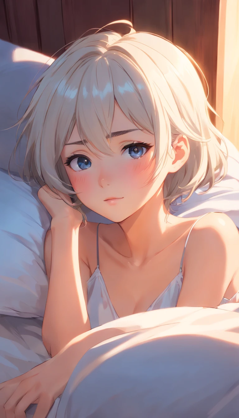 Masterpiece, Top quality, Super detail, 8K, Detailed light, Detailed shadows, primitive, (Detailed skin), (Real: 1.2),, 1 Nordic girl, face, (9 ), White hair, Slept in a luxury bed, Nightdress