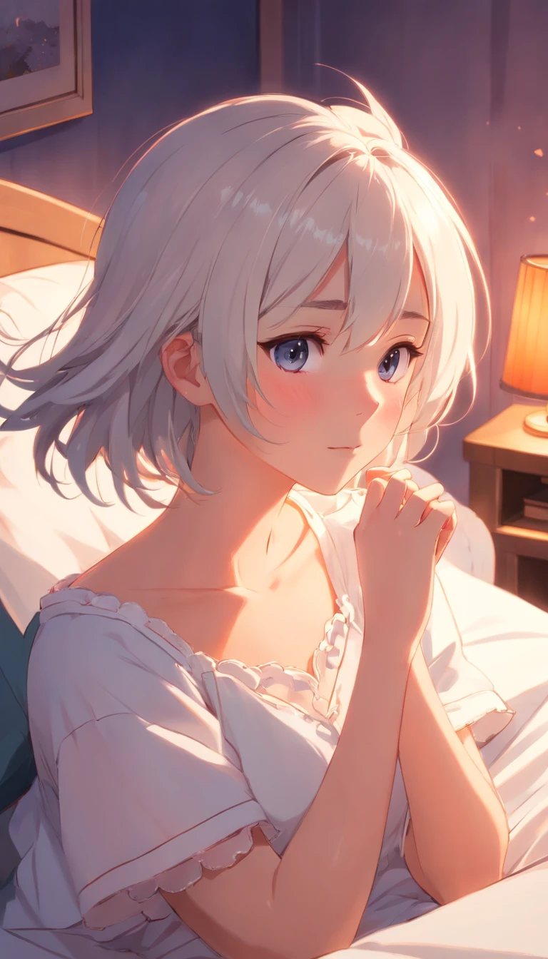 Masterpiece, Top quality, Super detail, 8K, Detailed light, Detailed shadows, primitive, (Detailed skin), (Real: 1.2),, 1 Nordic girl, face, (9 years old), White hair, Slept in a luxury bed, Nightdress