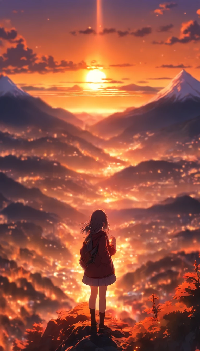 Beautiful landscape, aesthetic, mountain view, panorama shot:1.2, sunset lighting,1 girl,full body:1.6,back shot, beautiful world,