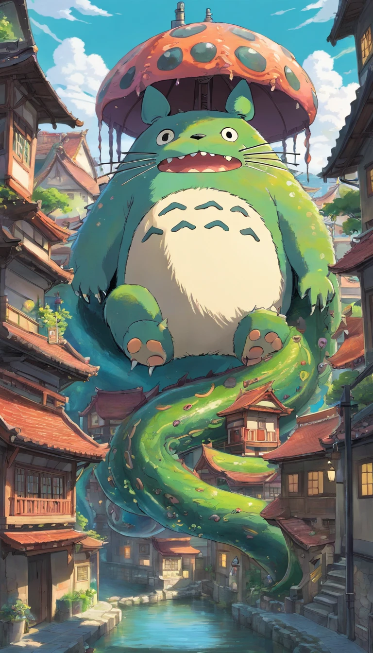 Tentacle horror AI ancient town totoro