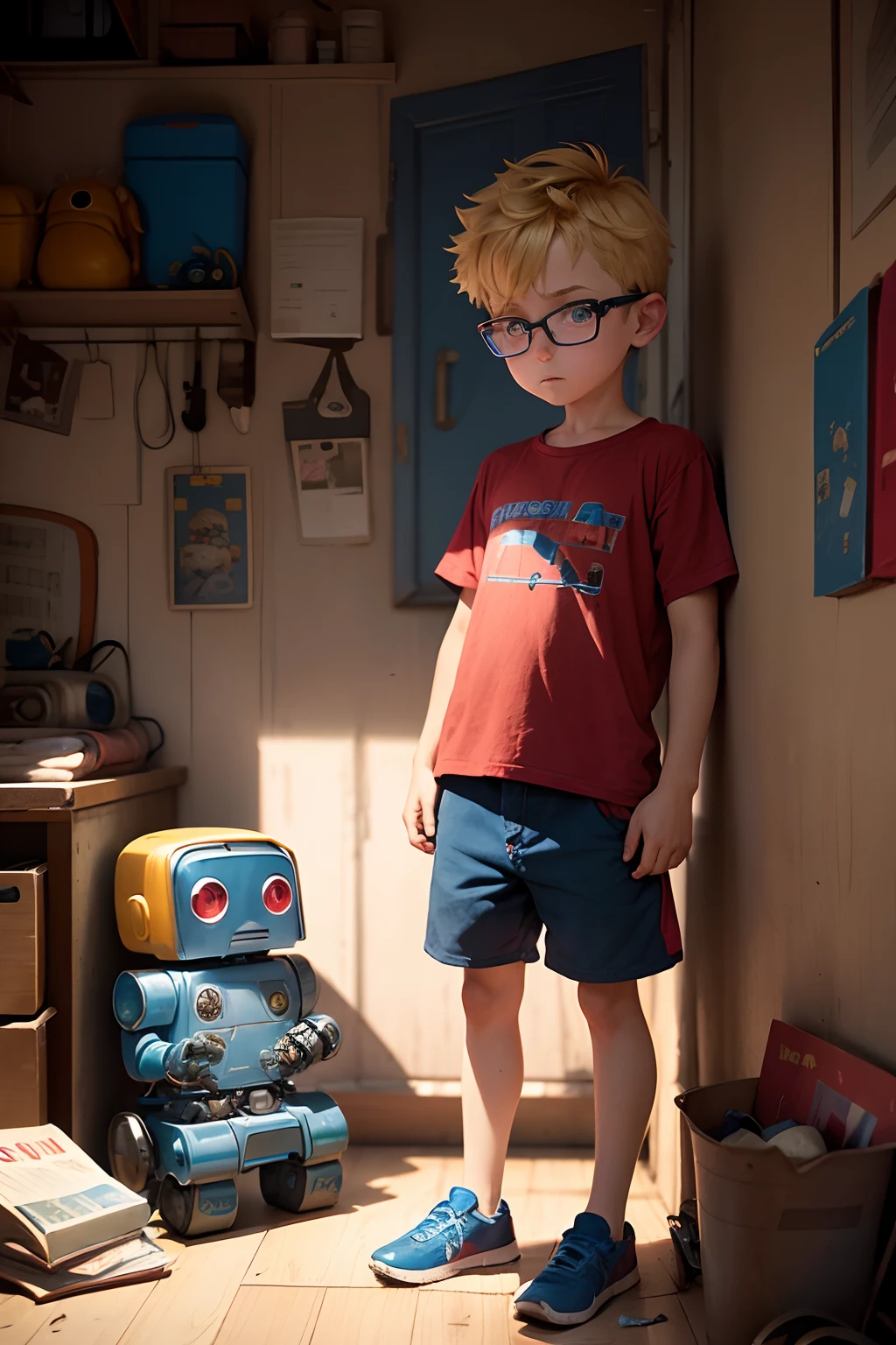 the  boy is an emerging robot, blue shorts, red shirt, half-appearing and worn-out robot and an old iron, boy meets the robot, 6 YEARS OLD blonde hair, wearing glasses, with various possessions and expression for a children's book