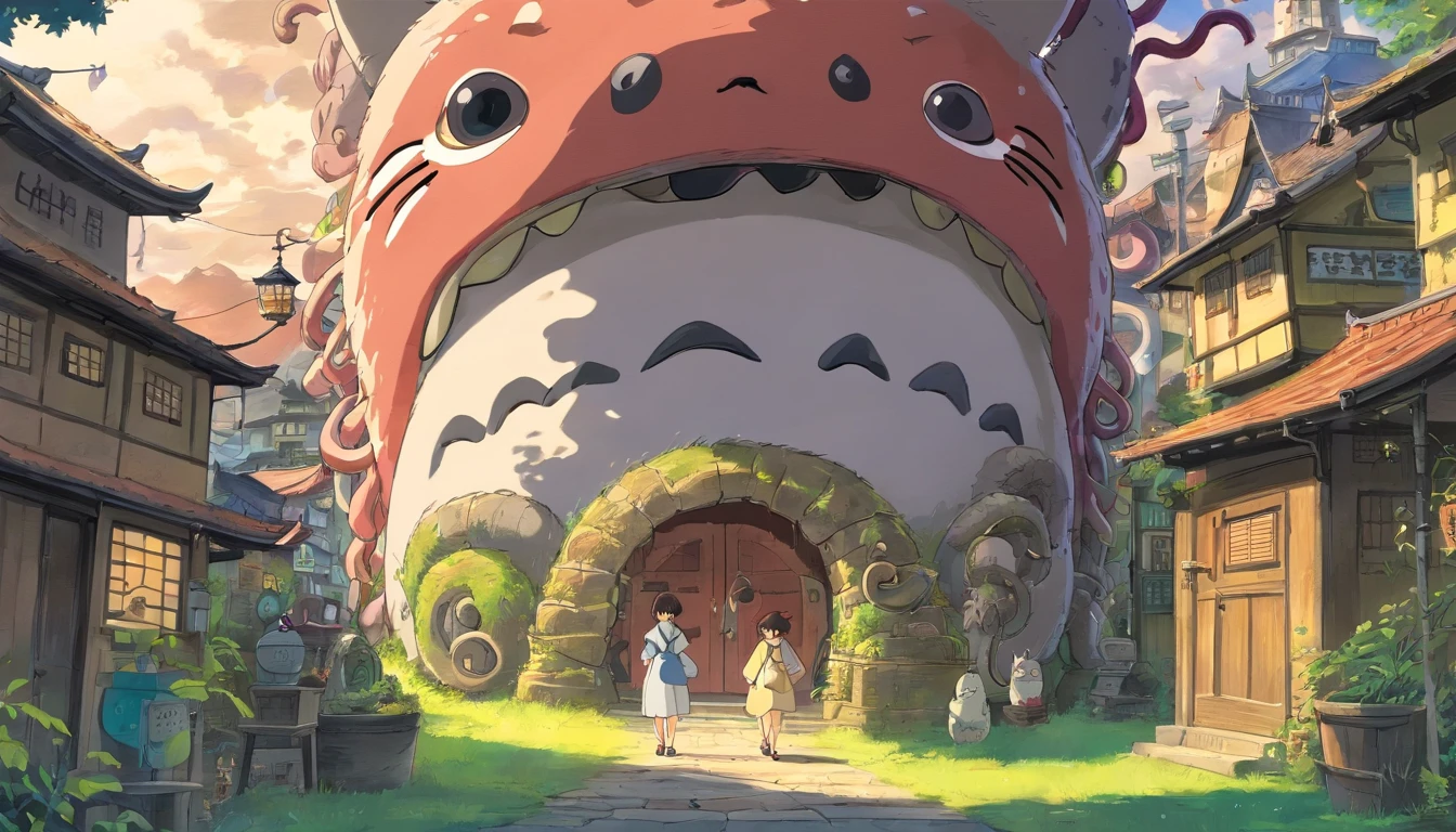 Tentacle horror AI ancient town totoro