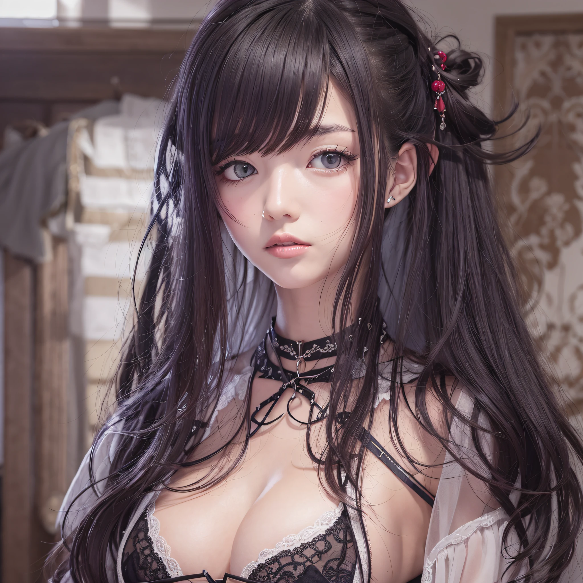 Idade: [13years] Outside view: [Alta, A dark-haired, japanse, Black eyes, beutiful breast, beautiful thigh] personality: [Shy] vestments: [In naked or black lingerie、Chest set、Has a large neckline] Fundo: [In the room above the bed] styles: [Lori, waifu]
