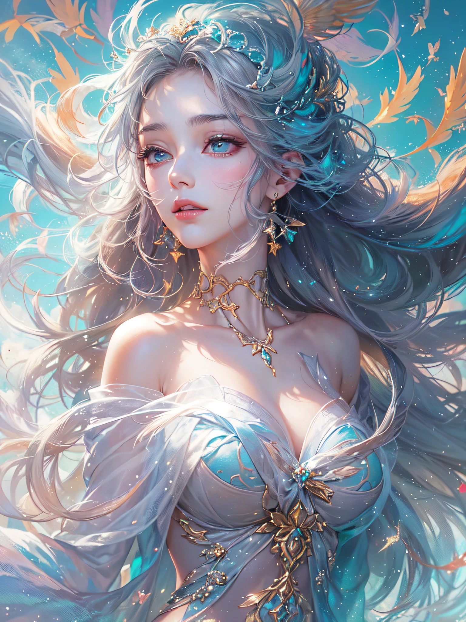 (Official art, Unity 8k壁纸, ultra-detailliert, Beautiful and aesthetic, masutepiece ,Best Quality, Photorealistic:1.3),(Venus wearing a see-through silk toga:1.2),(Aurora Background, floating colorful sparkles, Falling white feathers, Wind blowing through, Flowing hair, blue tone:1.1), Shiny skin ,Ultra-detailed face, Detailed eyes, Lustrous lips , (Upper body: 1.3),slender physique, Beautiful figure, Elegant, Vivid colors ,