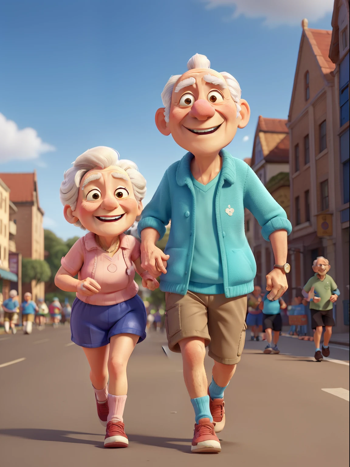 An award winning image of an adorable smiling old couple, running a street marathon, in the style of Aardman Animations, Arthur Boyd, Picasso, 3d rendered, soft lighting