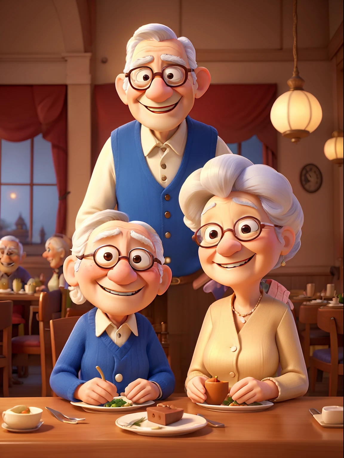 An award winning image of an adorable smiling old couple, dining in a fancy restaurant, in the style of Aardman Animations, Arthur Boyd, Picasso, 3d rendered, soft lighting