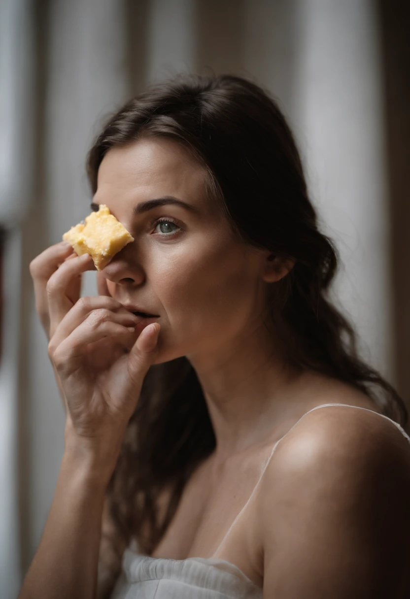 Certamente, here is the prompt:

"Create an image of a woman with a frightened expression on her face while eating butter. The scene should convey a sense of surprise and discomfort."