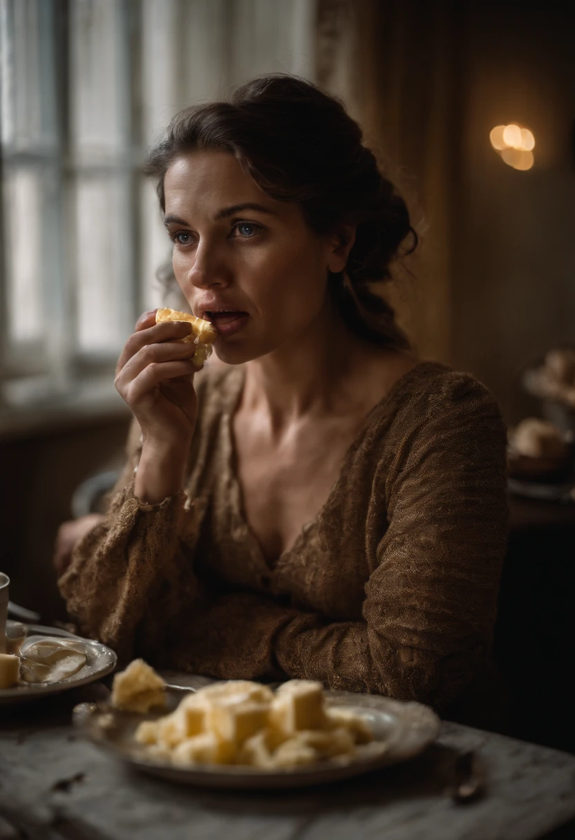 Certamente, here is the prompt:

"Create an image of a woman with a frightened expression on her face while eating butter. The scene should convey a sense of surprise and discomfort."