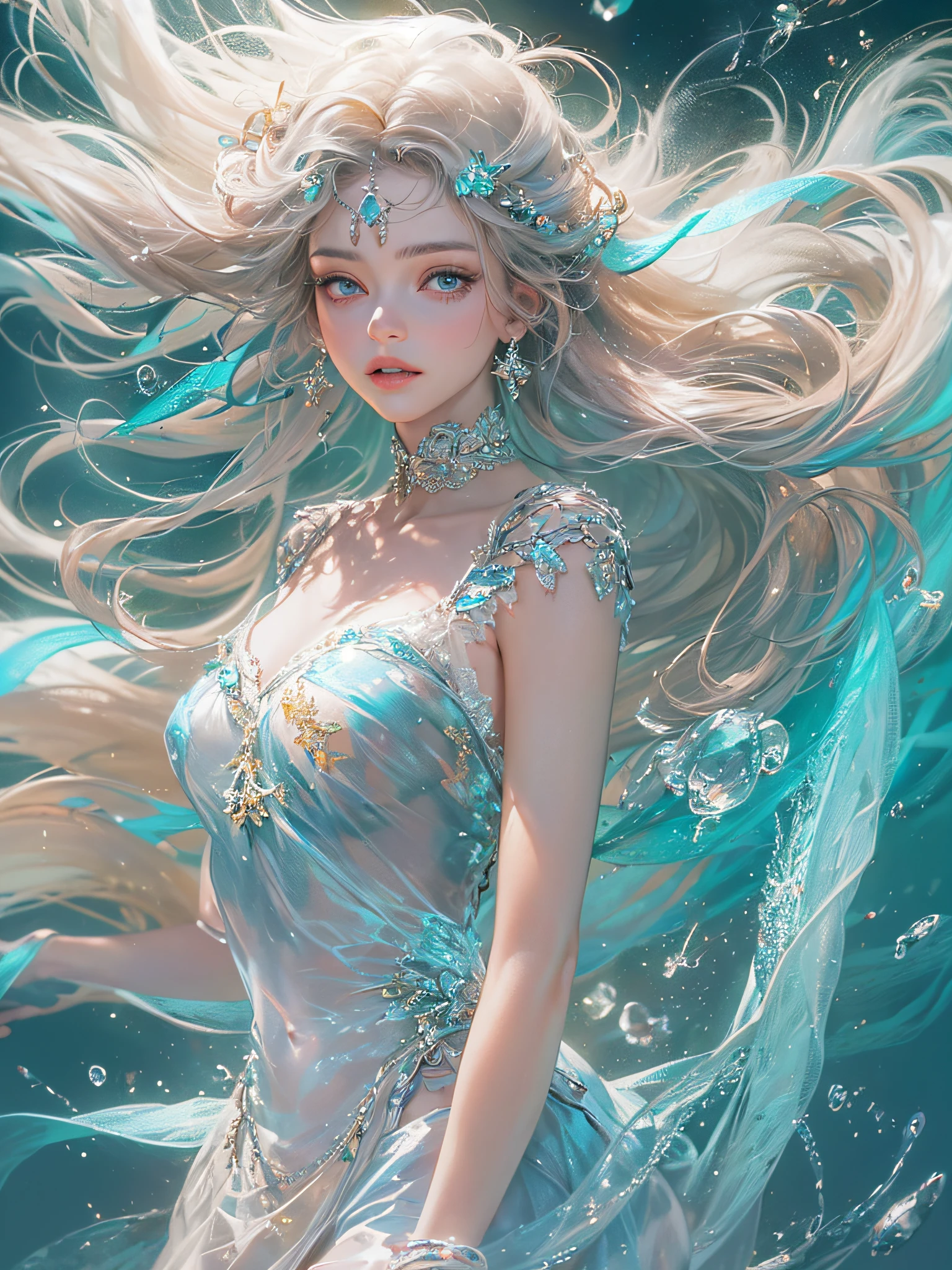 (a venus wearing a see-through silk toga:1.2),(Aurora Background, floating colorful sparkles, falling white feathers, wind blowing through, flowing hair, blue tone:1.1), shiny skin ,ultra-detailed face, detailed eyes, lustrous lips , (upper body: 1.3),skinny physique, beautiful figure, elegant, vivid colors ,(official art, unity 8k wallpaper, ultra detailed, beautiful and aesthetic, masterpiece ,best quality, photorealistic:1.3),
